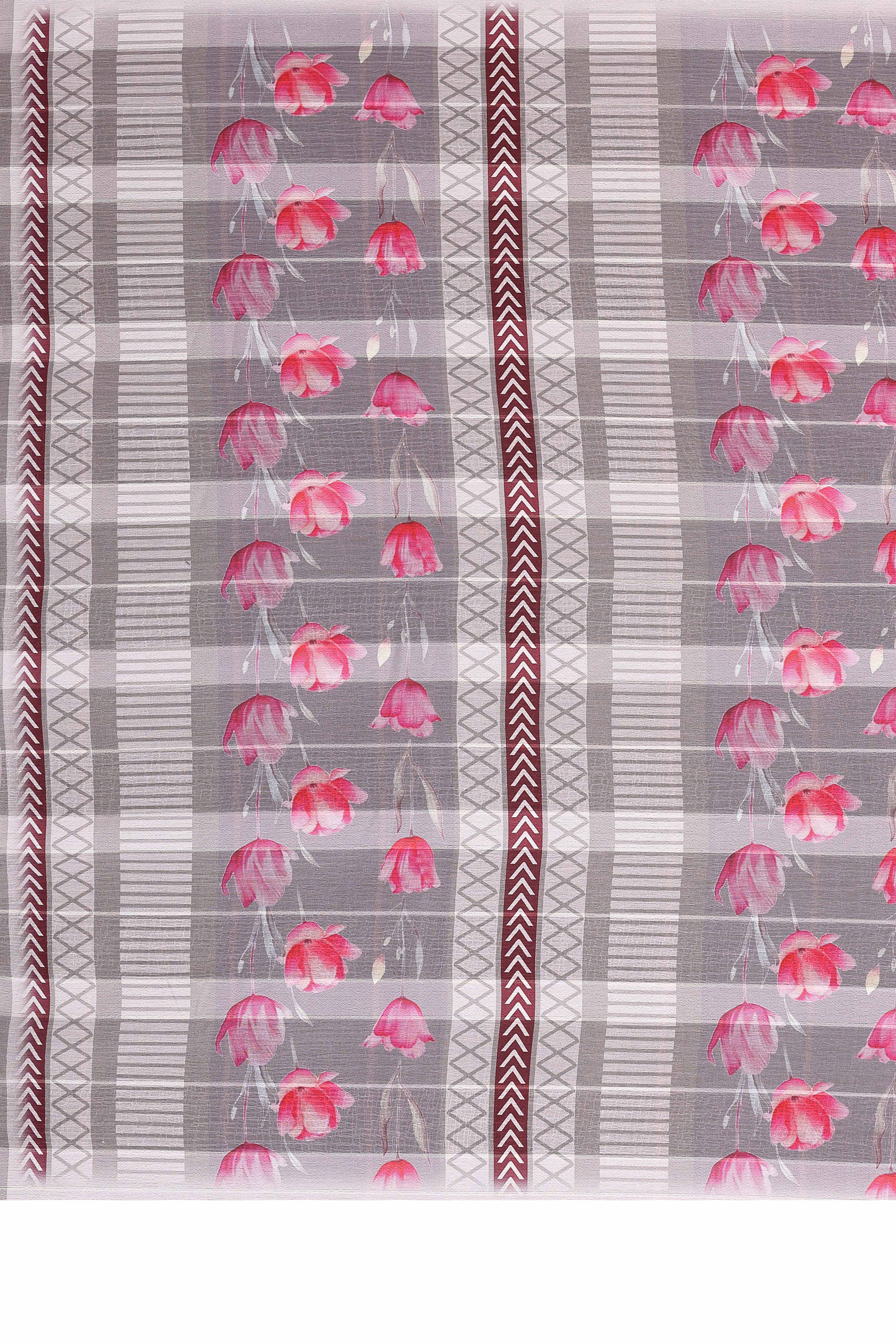 Premium Grey Floral Digital Printed Georgette Saree Featuring Delicate Zari & Bright Striped