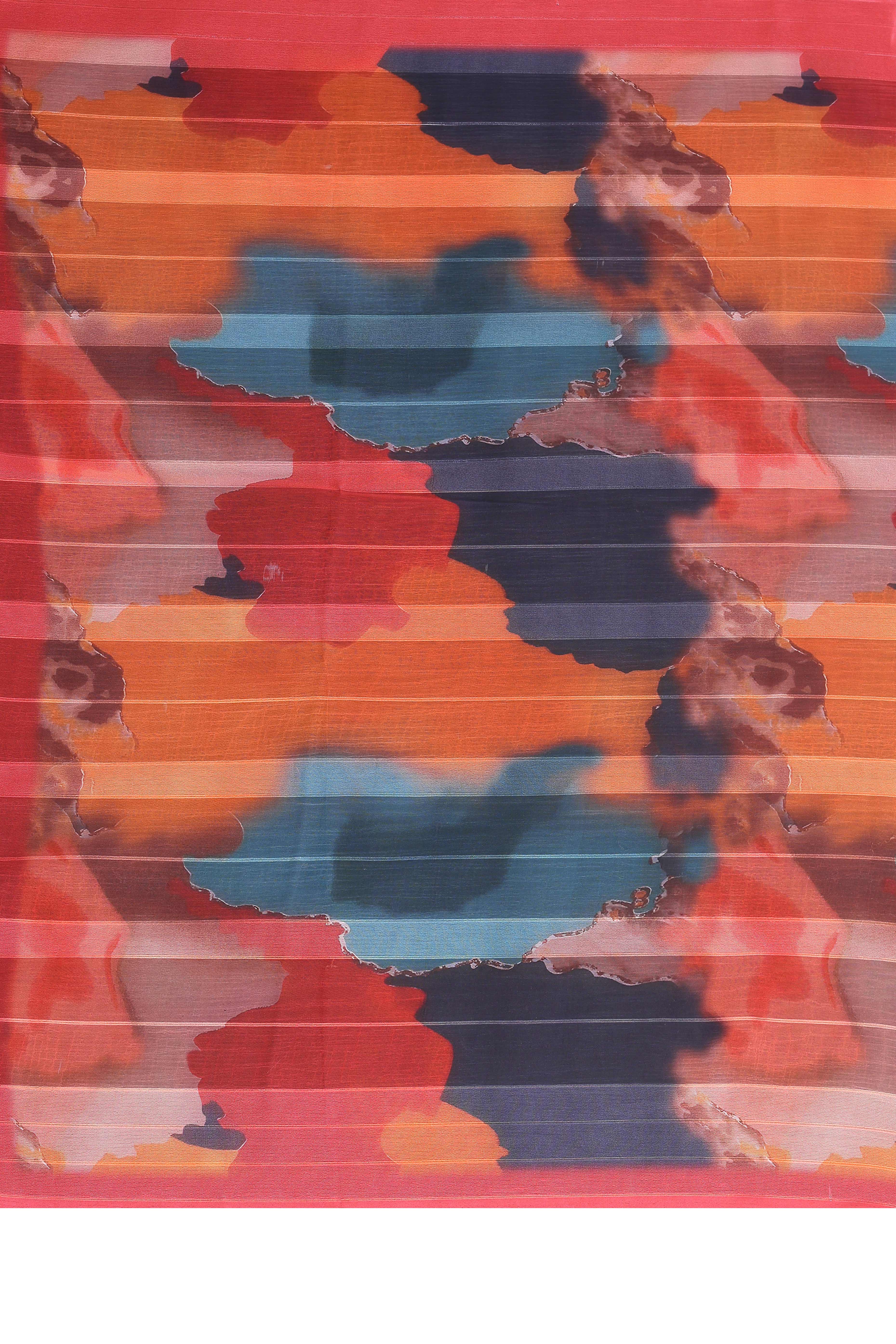 Premium Muticolor Digital Printed Georgette Saree Featuring Delicate Zari & Bright Striped