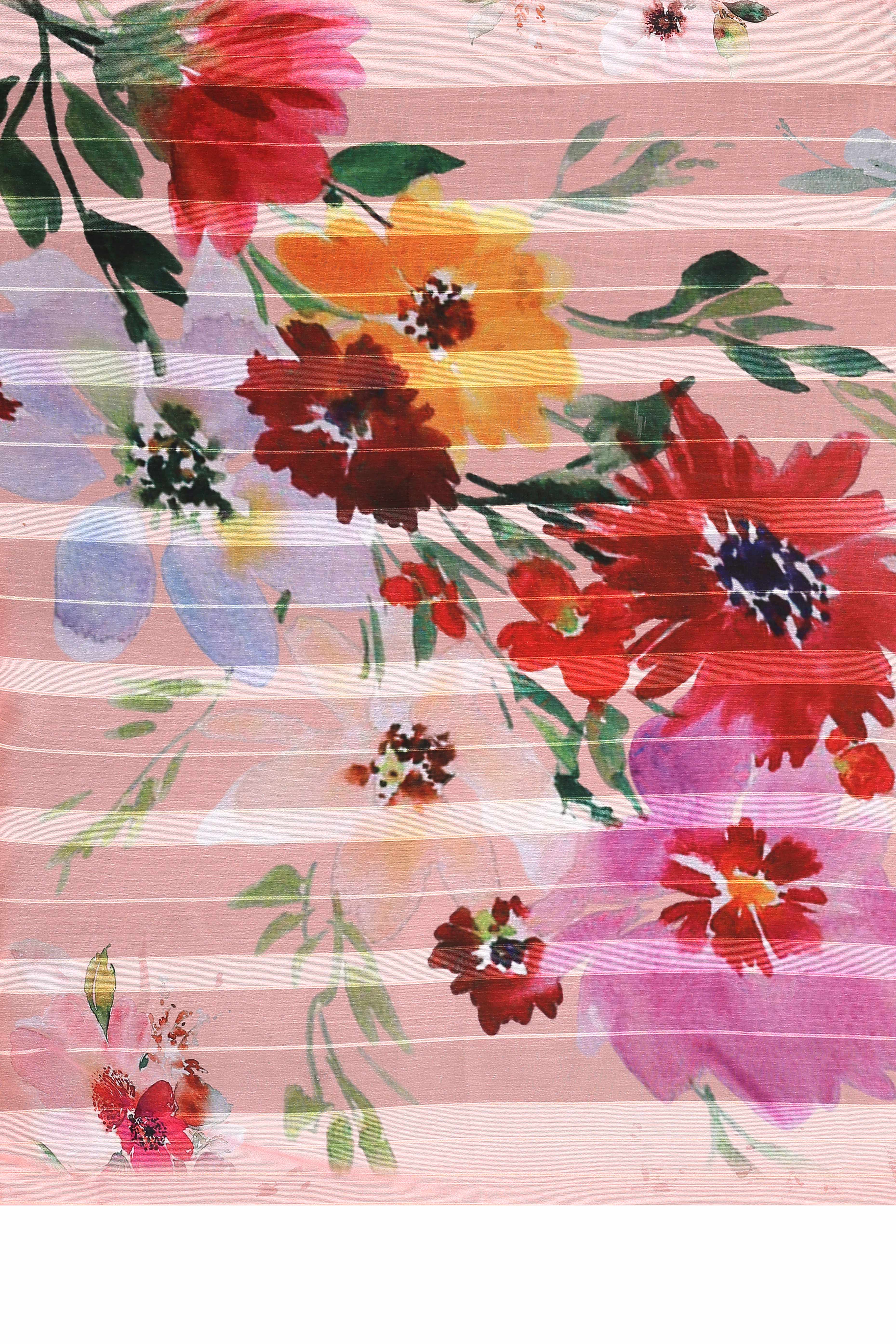 Premium Peach Floral Digital Printed Georgette Saree Featuring Delicate Zari & Bright Striped