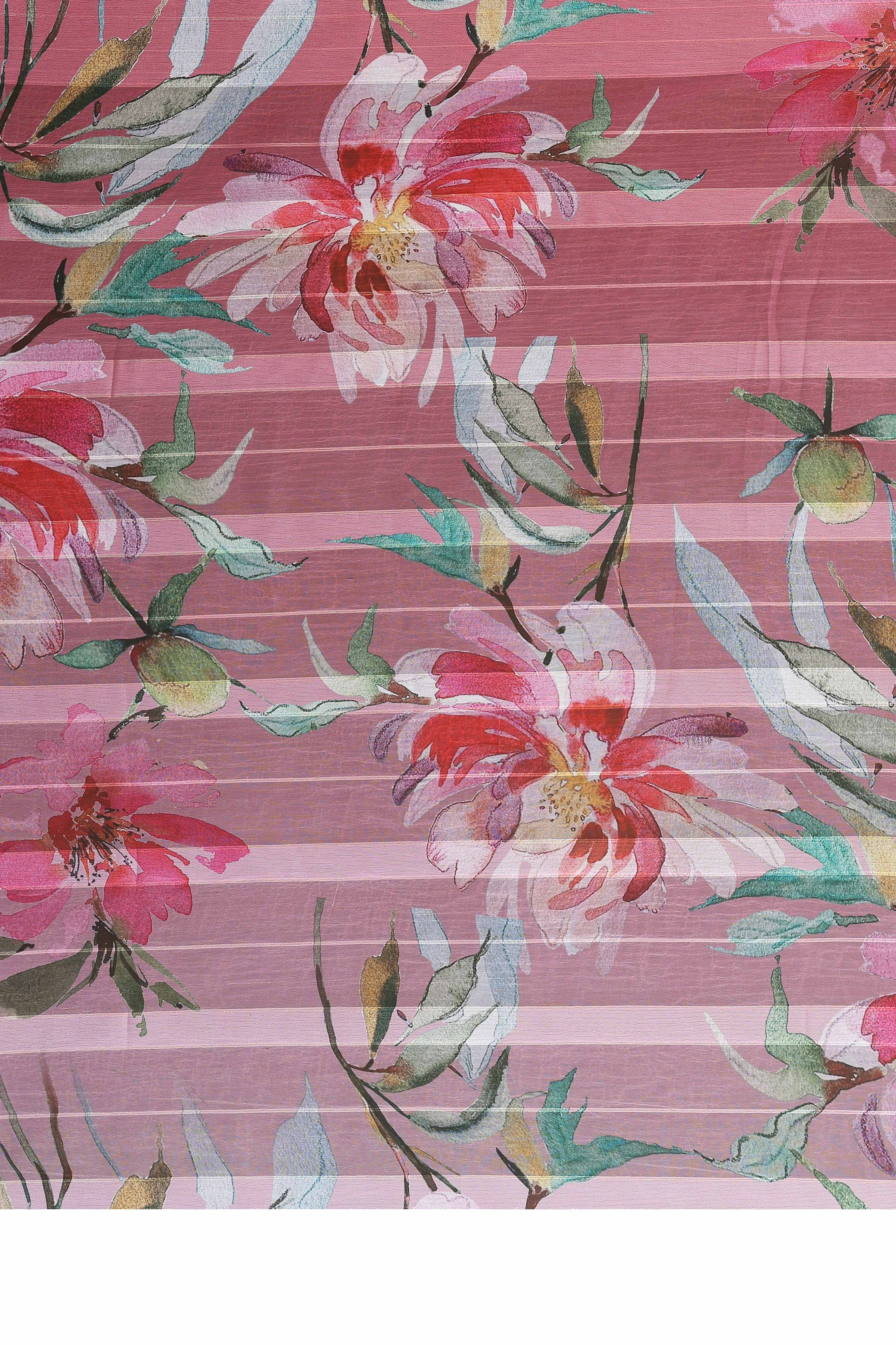 Premium Pink Floral Digital Printed Georgette Saree Featuring Delicate Zari & Bright Striped