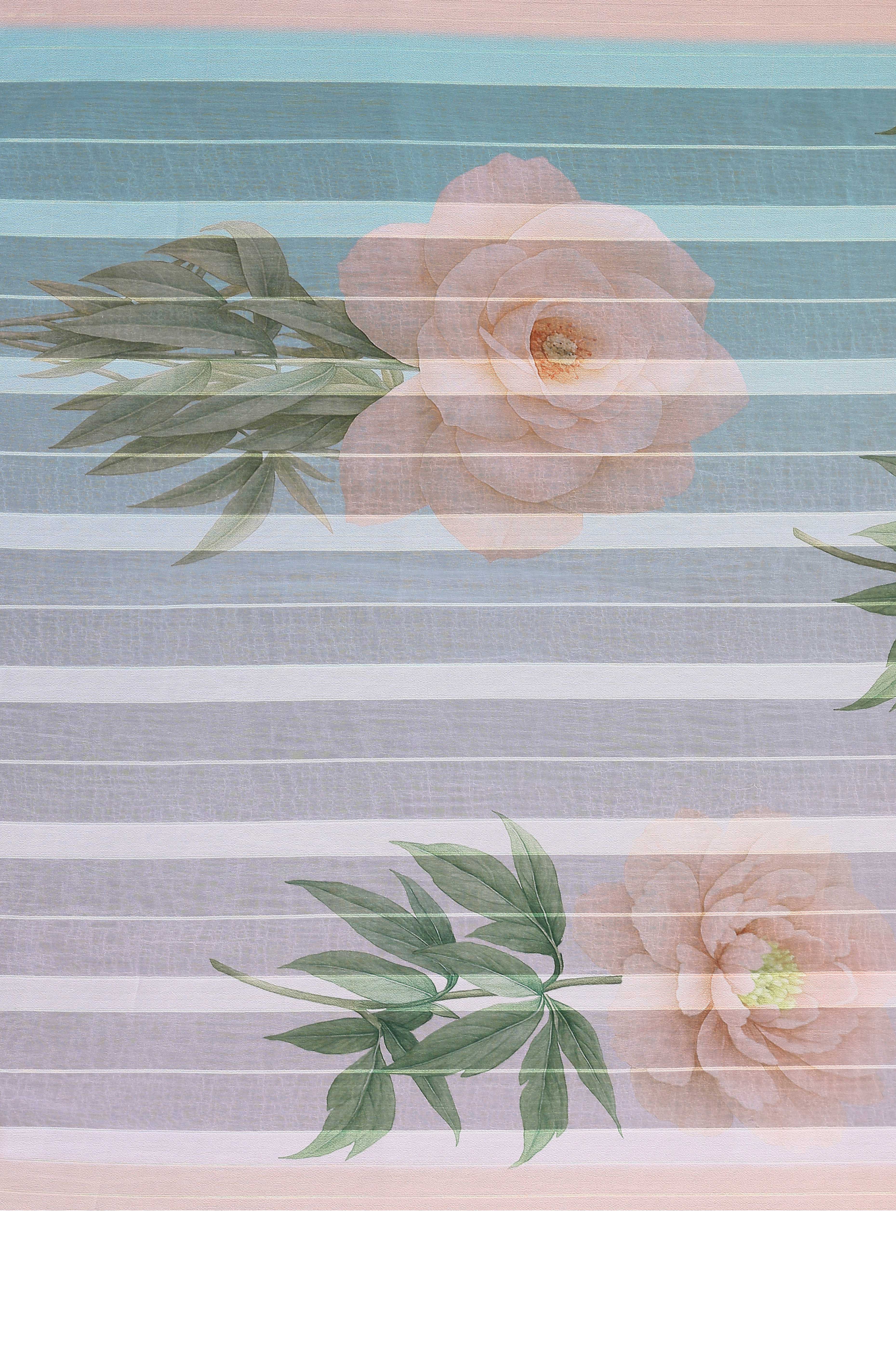 Premium Sky Blue & Grey Floral Digital Printed Georgette Saree With Delicate Zari & Bright Striped