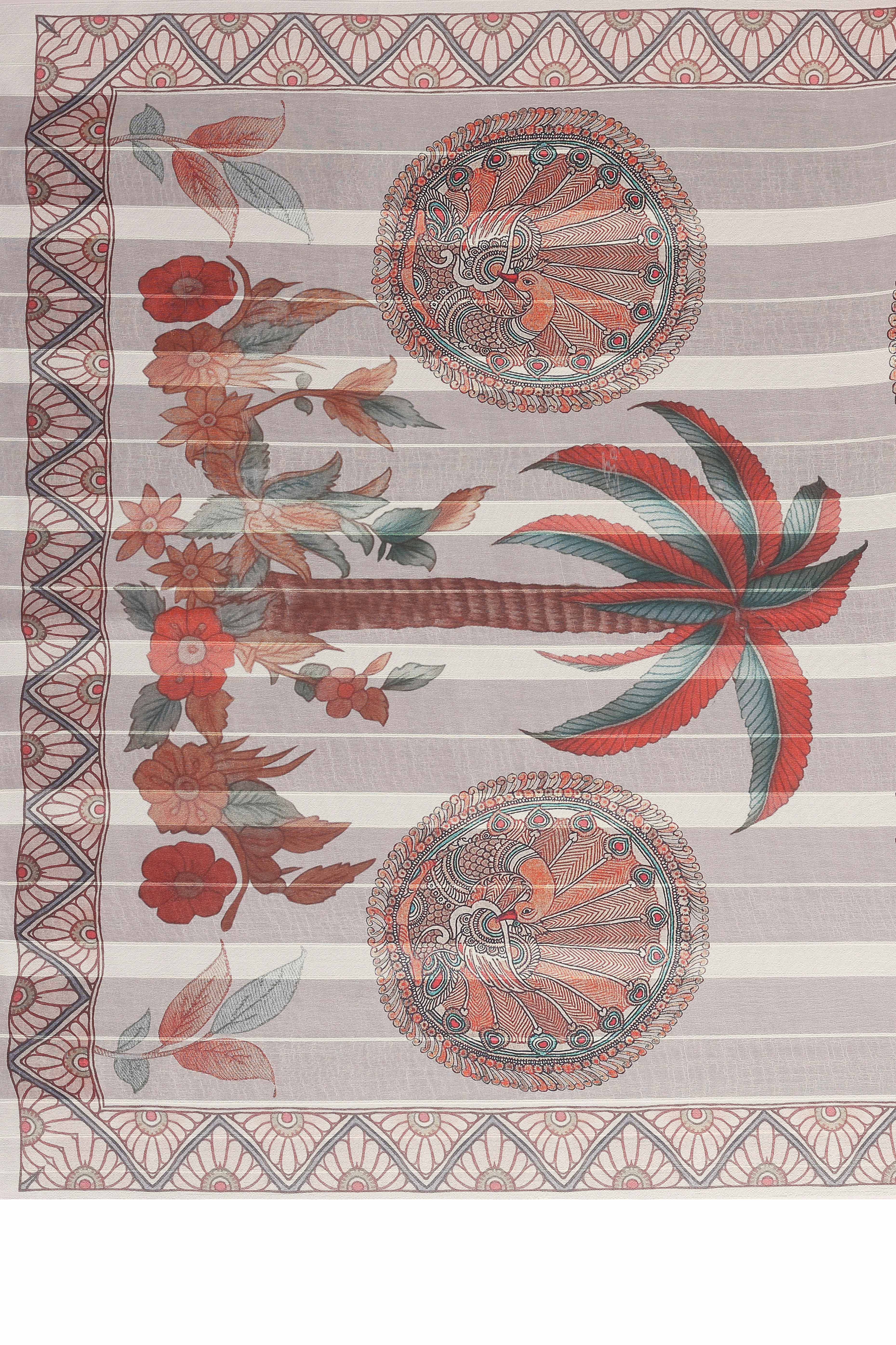 Luxury Beige Floral Digital Print Georgette Saree With Subtle Zari Highlights & Vibrant Striped