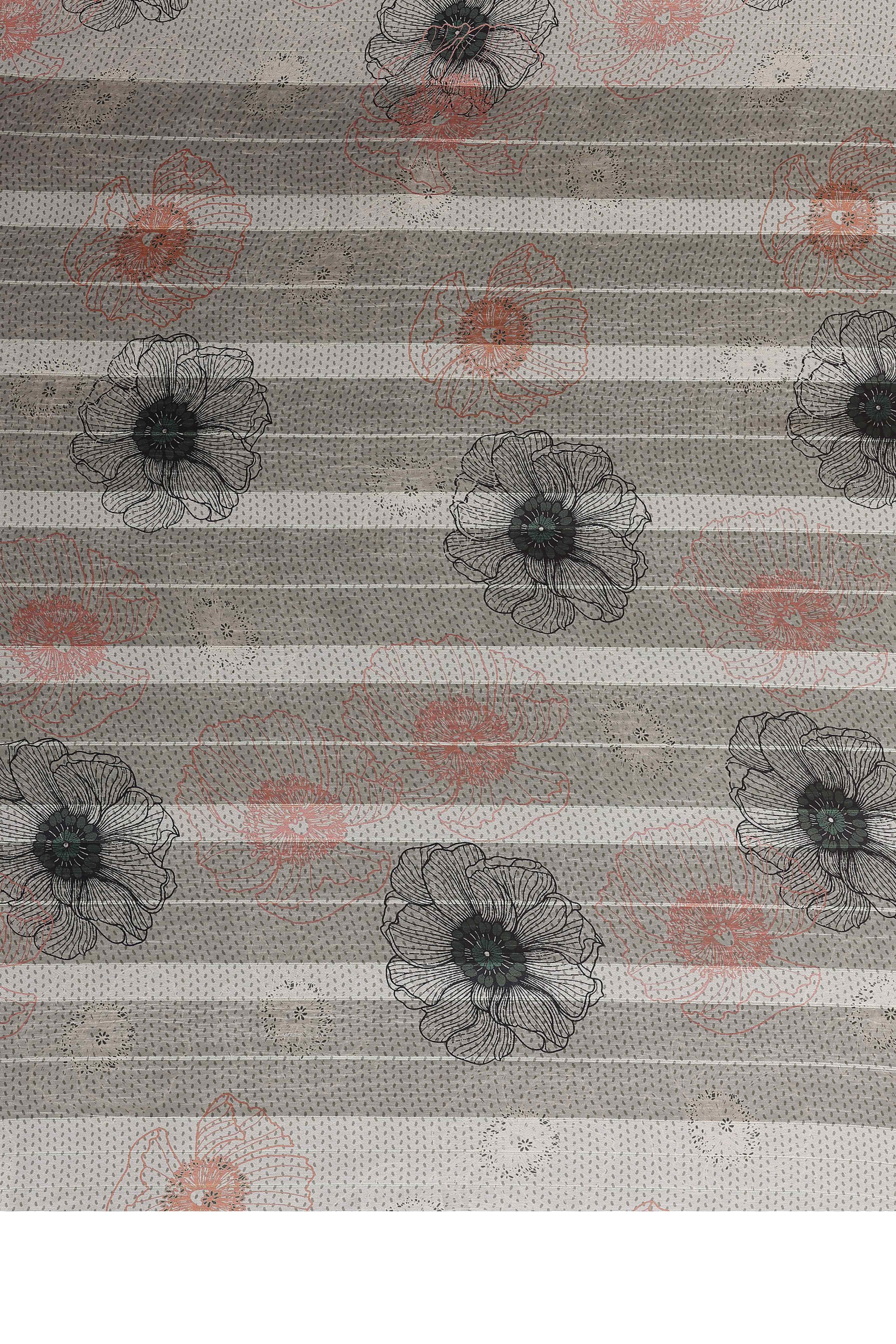 Luxury Grey Floral Digital Print Georgette Saree With Subtle Zari Highlights & Vibrant Striped