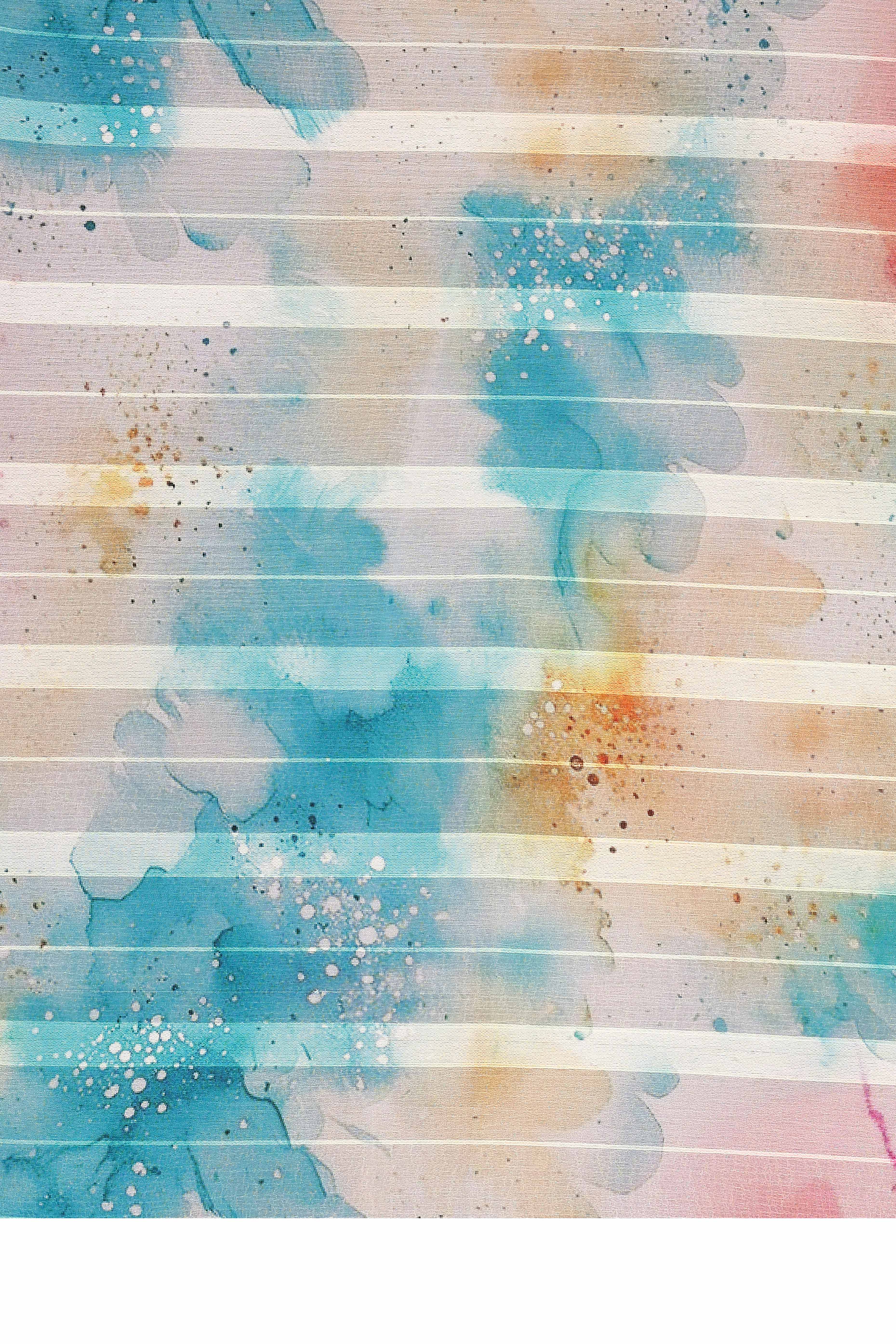 Luxury Multicolor Digital Print Georgette Saree With Subtle Zari Highlights & Vibrant Striped