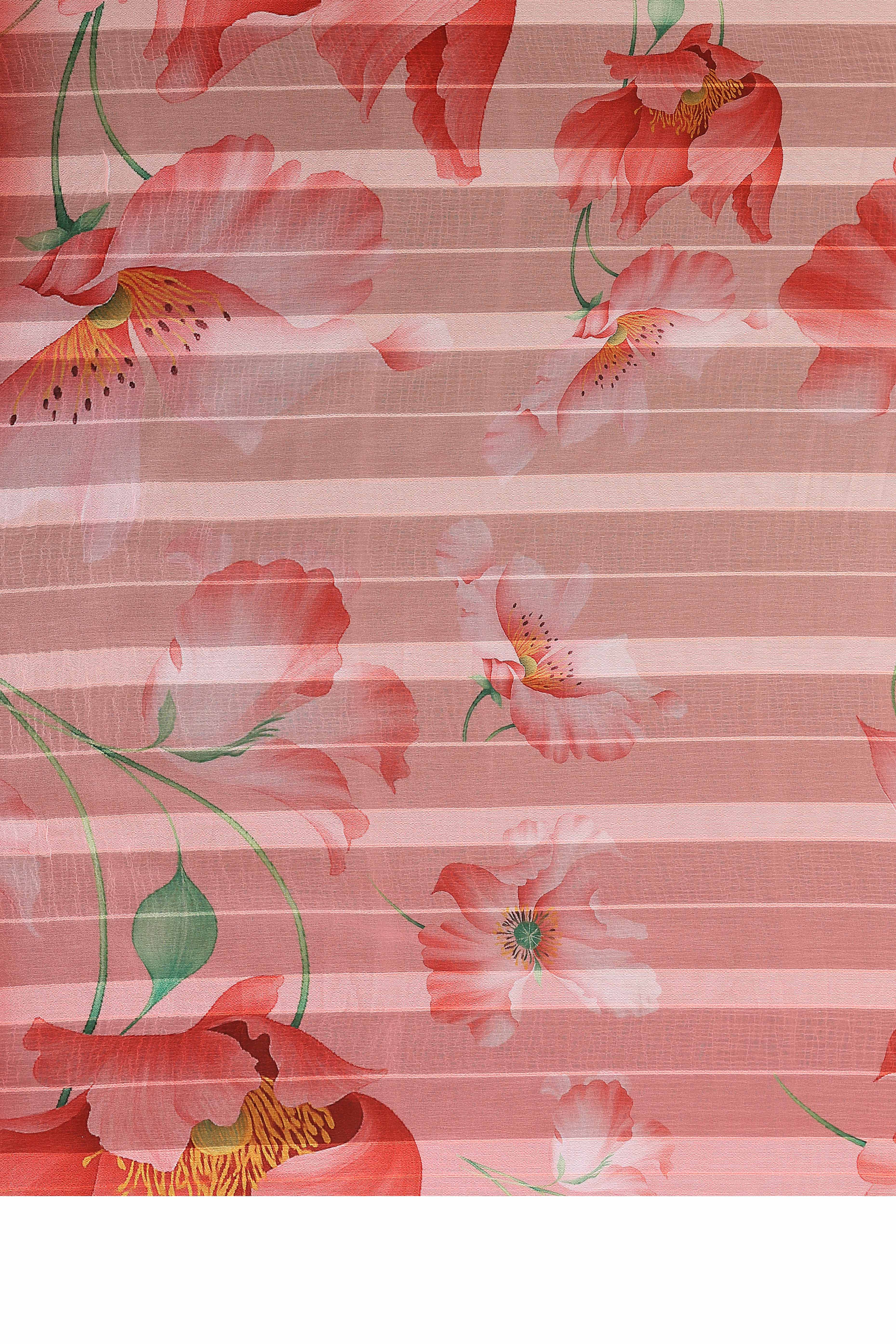 Luxury Peach Floral Digital Print Georgette Saree With Subtle Zari Highlights & Vibrant Striped