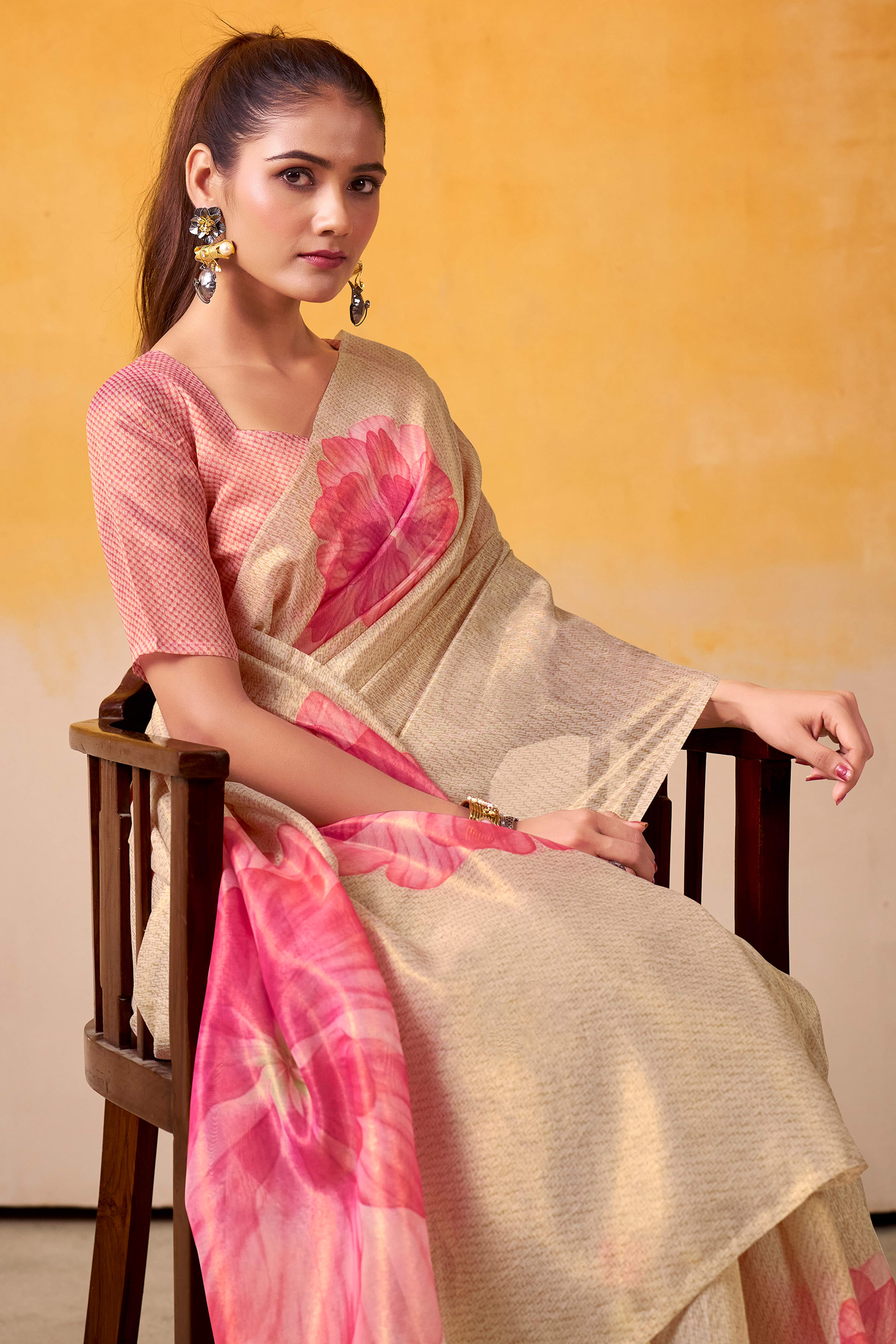 Sophisticated Cream Floral Digital Print Tissue Saree Enhanced With Handmade Tassels