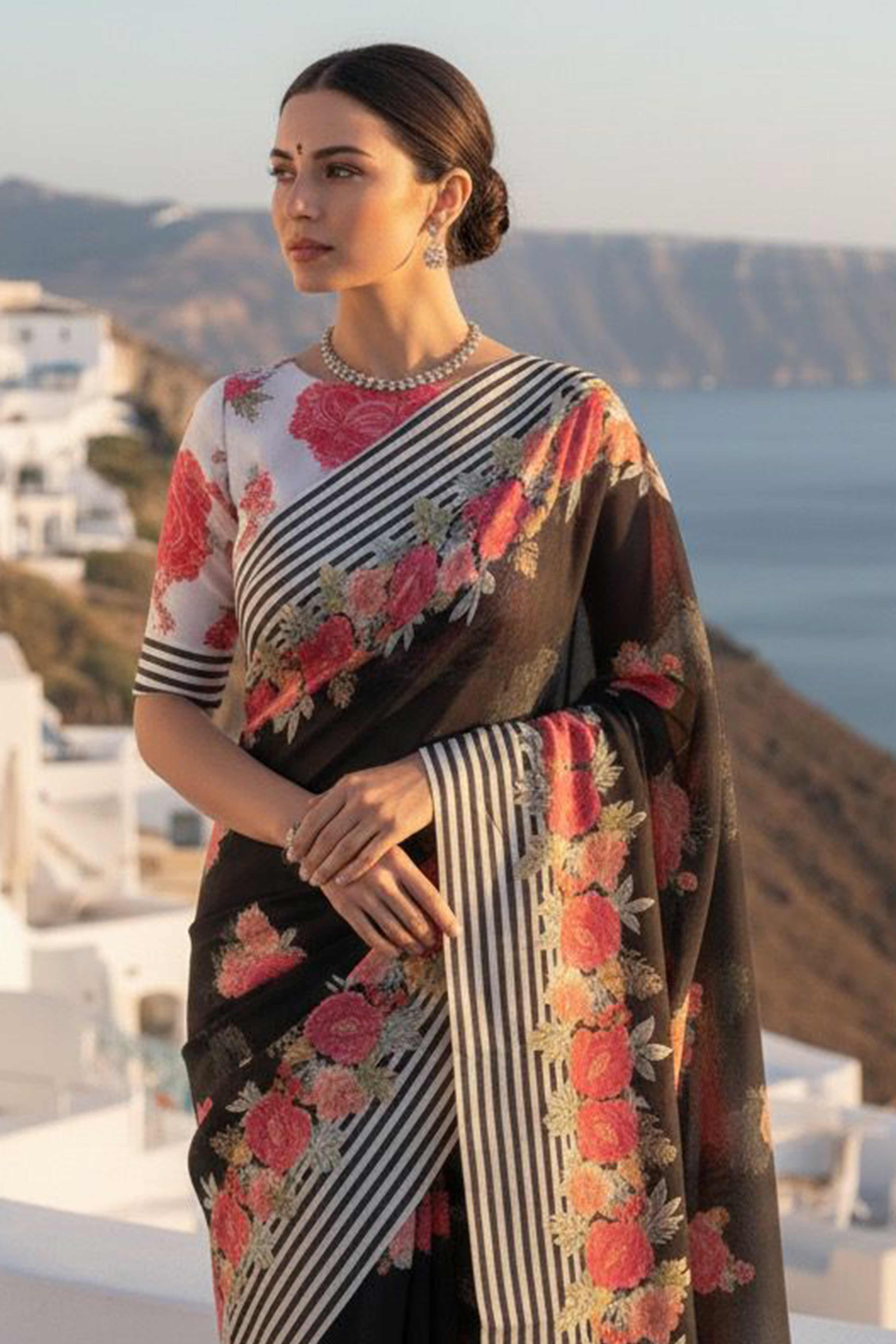 Vibrant Black Georgette Saree Adorned with Floral Digital Print & Satin Border