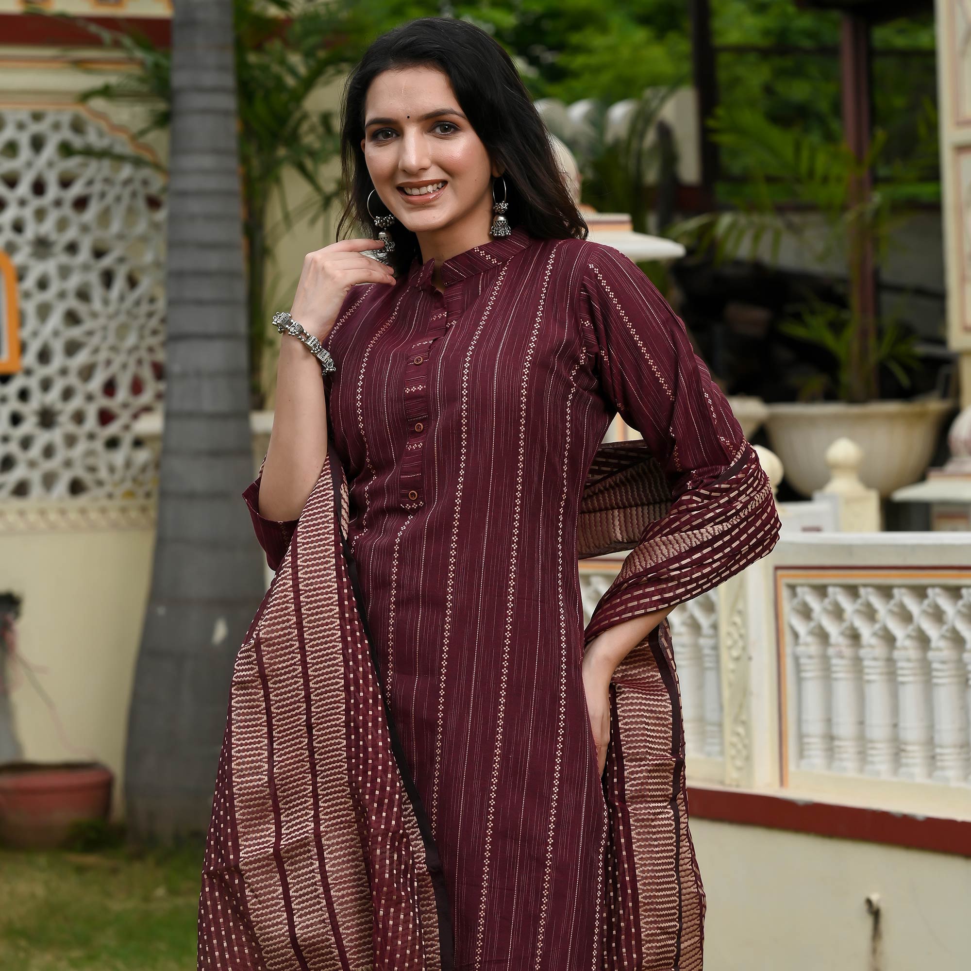 Wine Woven Cotton Blend Salwar Suit