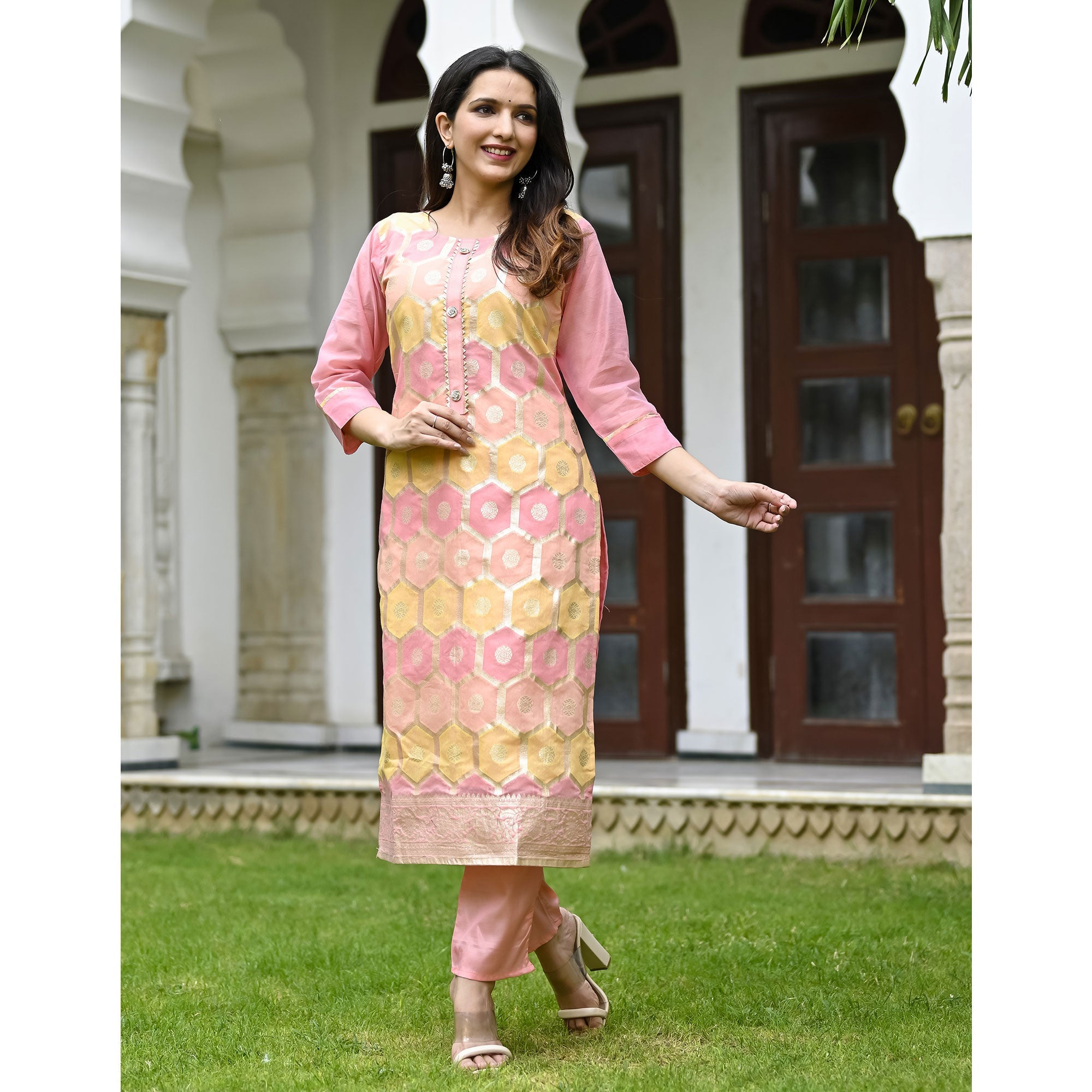 Pink Woven Banarasi Silk Salwar Suit