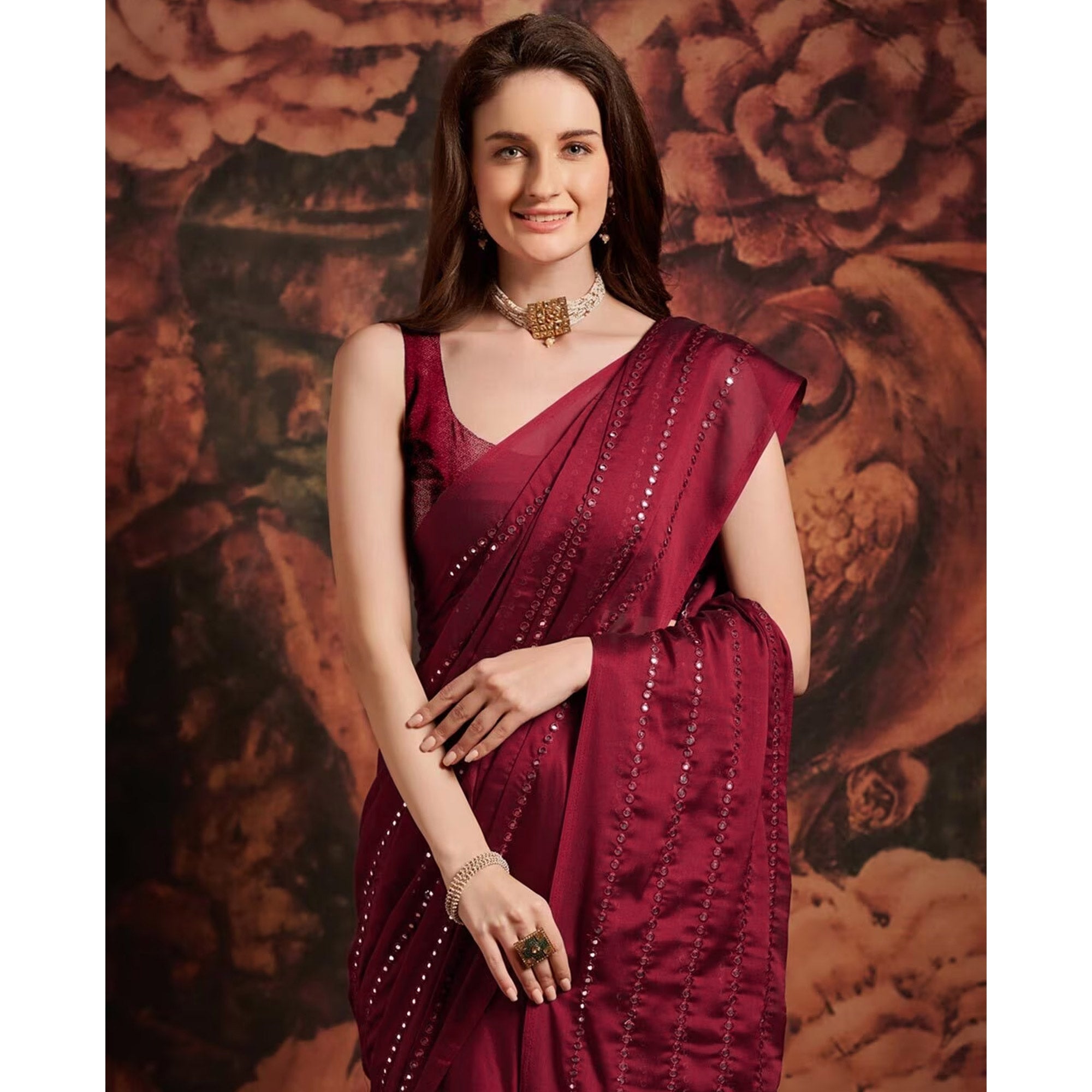 Maroon Embroidered Art Silk Saree