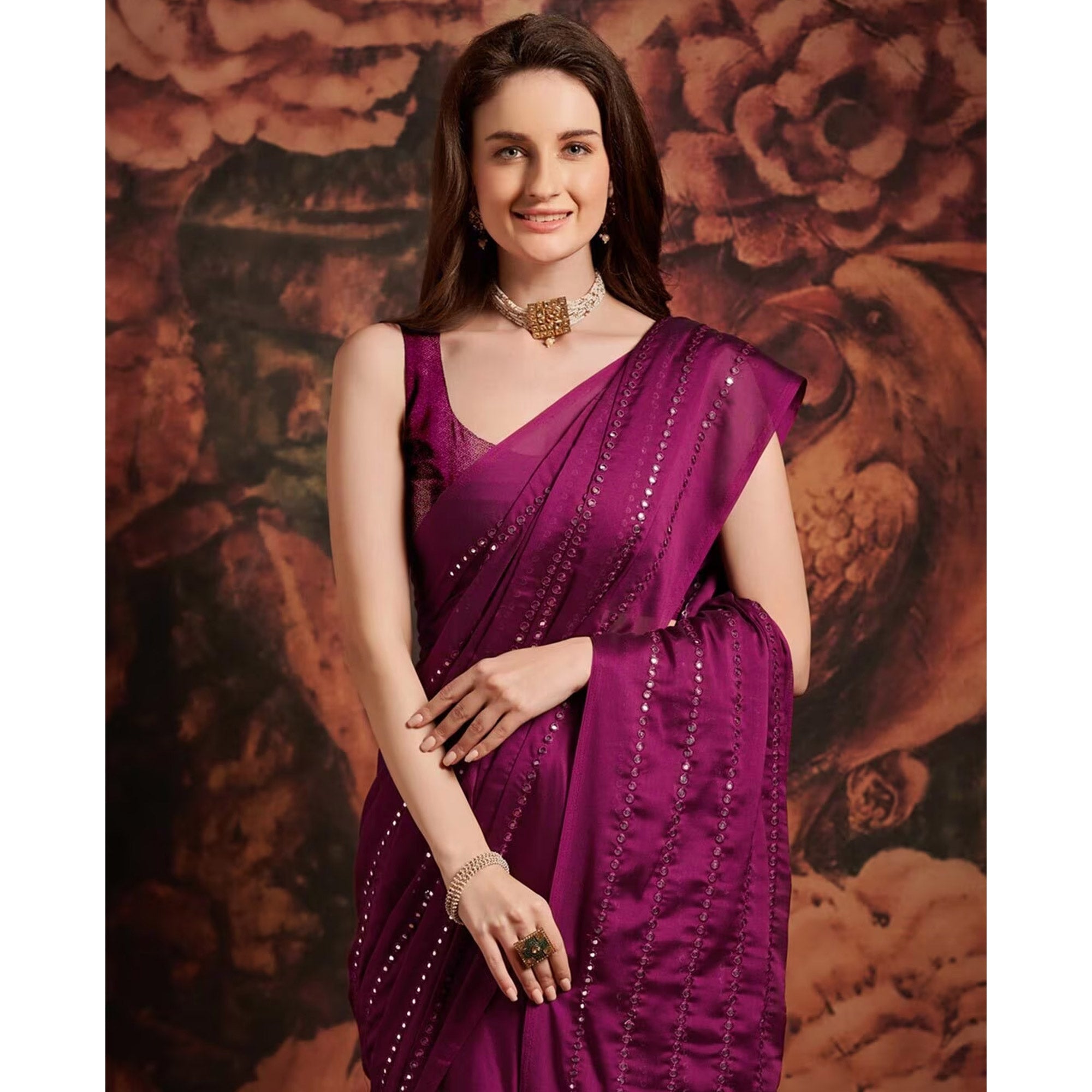 Wine Embroidered Art Silk Saree