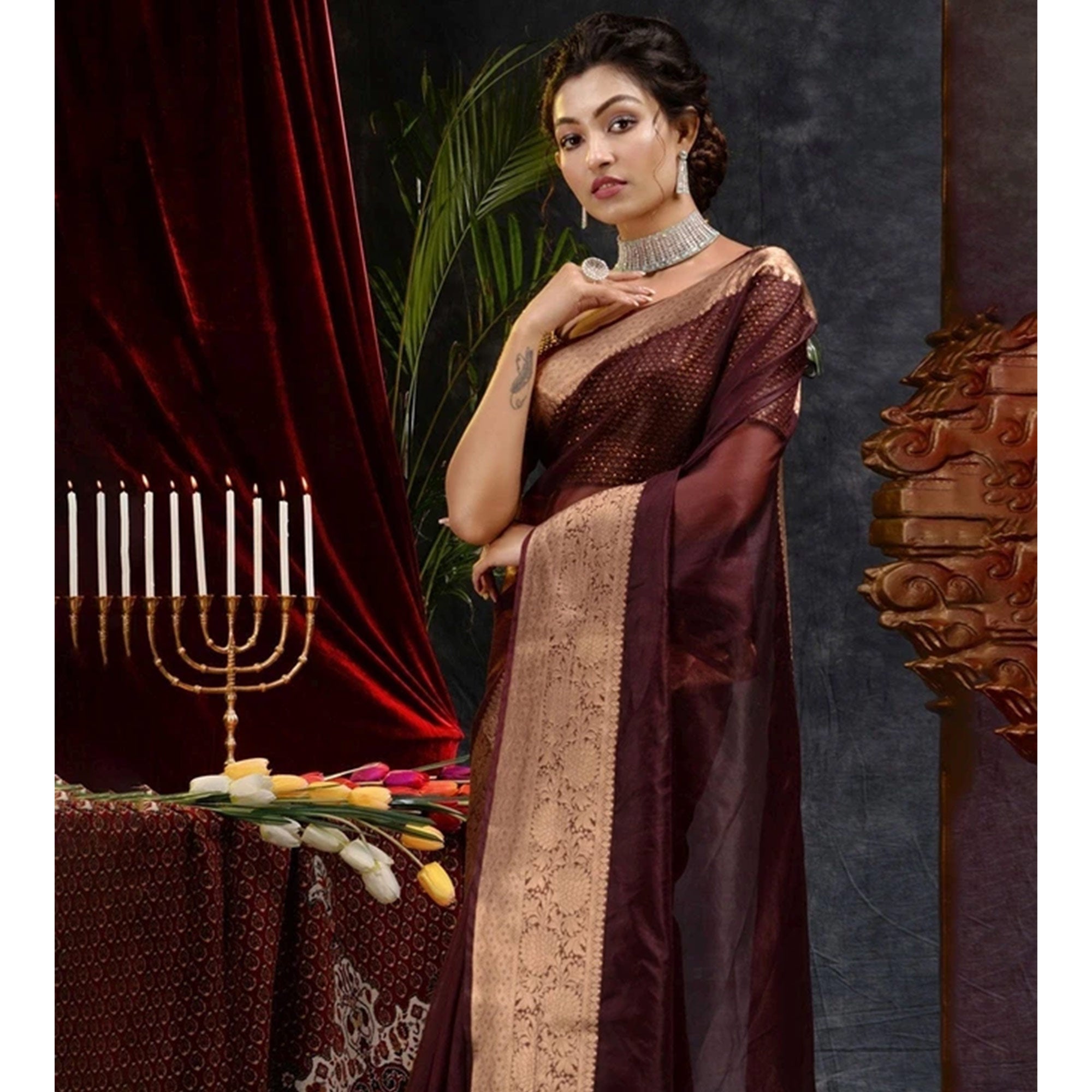 Dark Maroon Solid Organza Saree With Zari Border