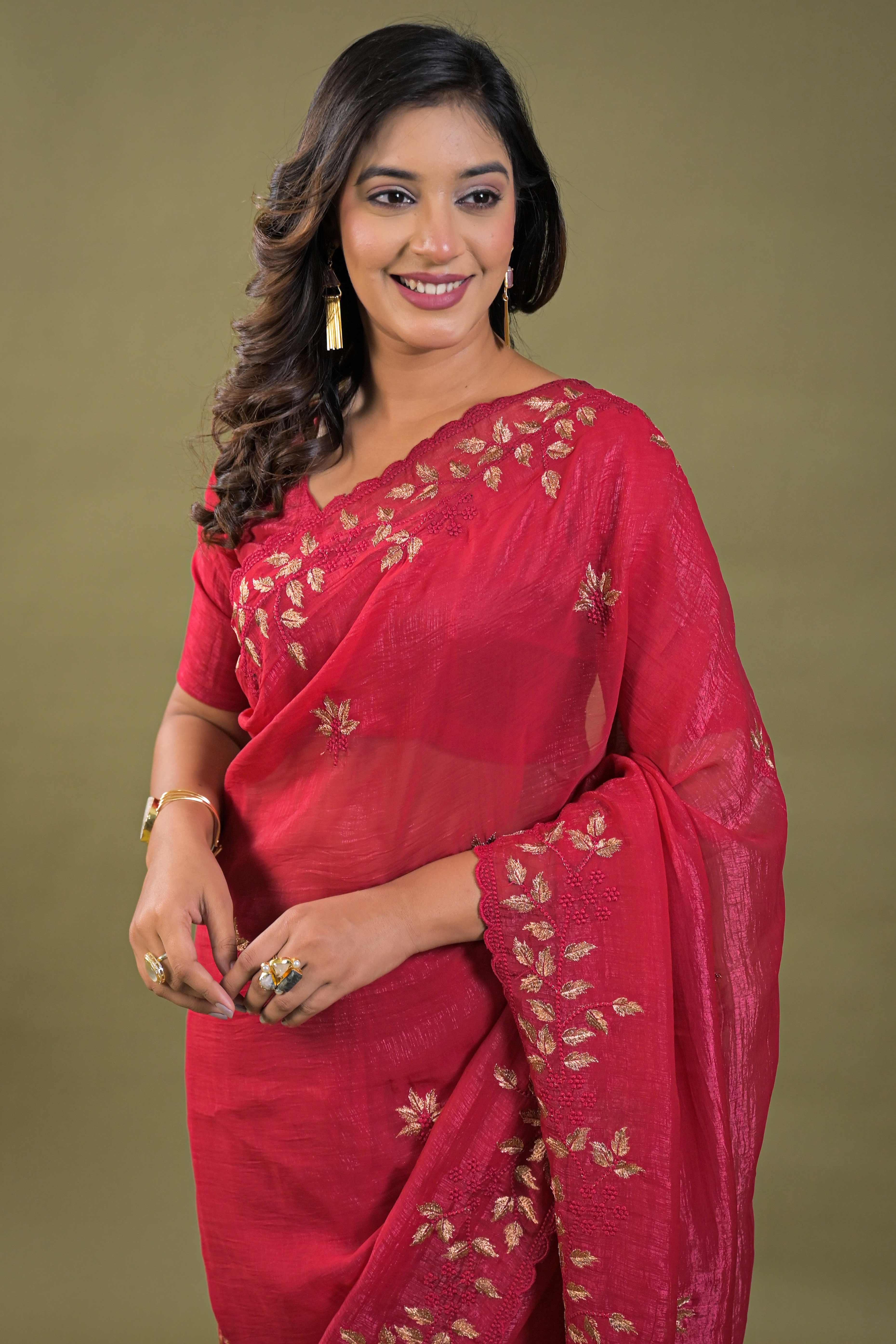 Dark Pink Sheer Organza Saree Adorned with Floral Embroidery