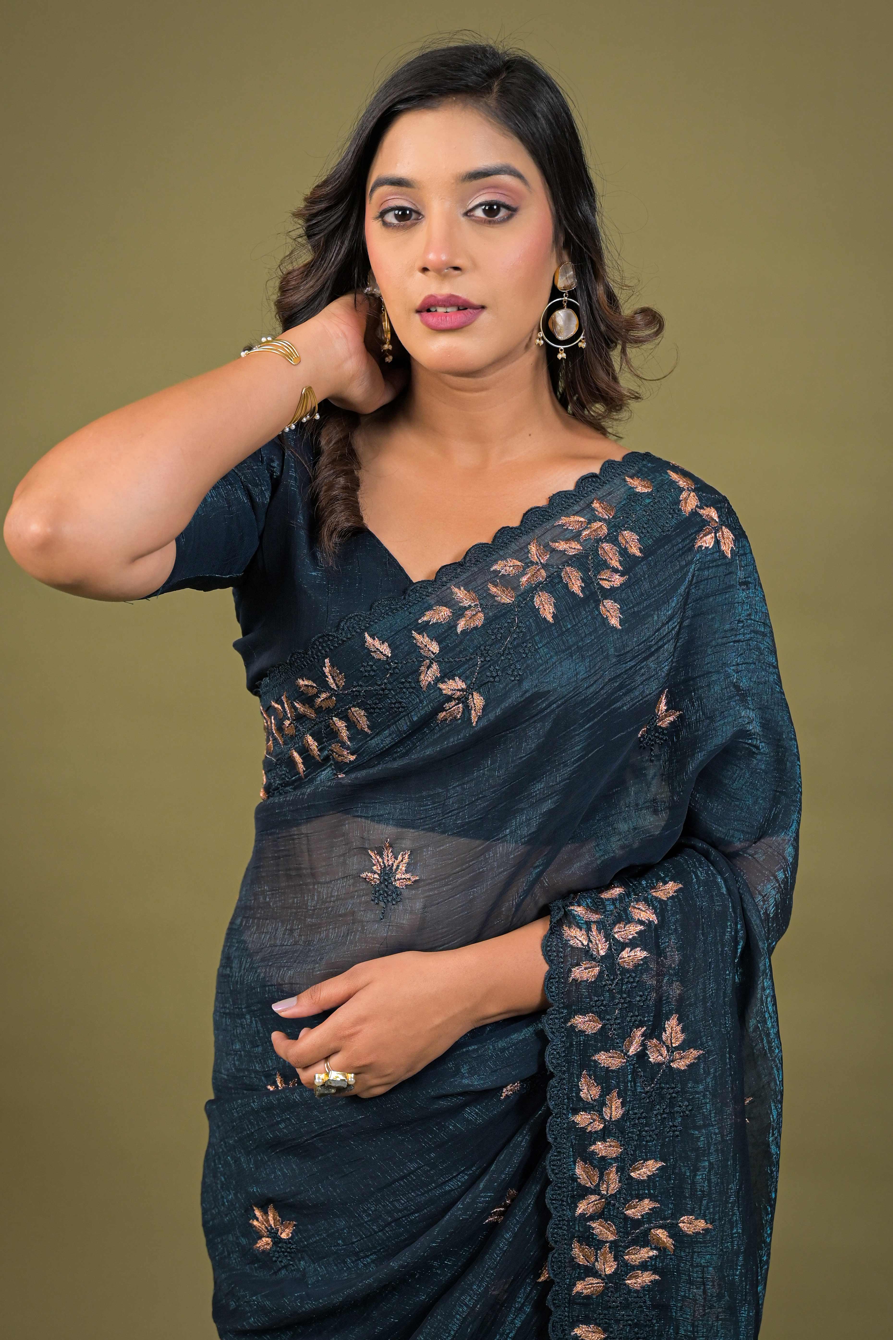 Dark Teal Sheer Organza Saree Adorned with Floral Embroidery