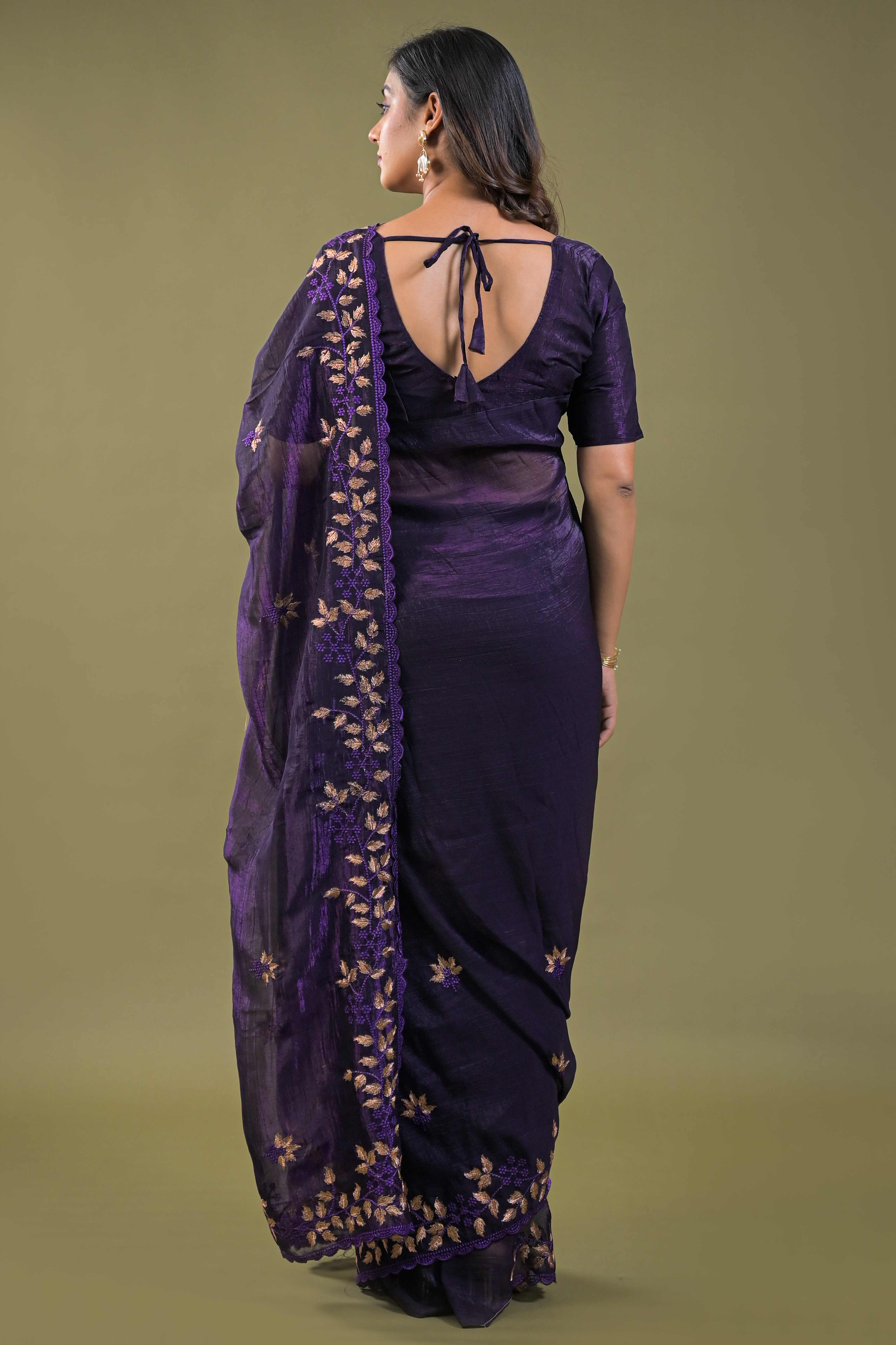 Dark Purple Sheer Organza Saree Adorned with Floral Embroidery