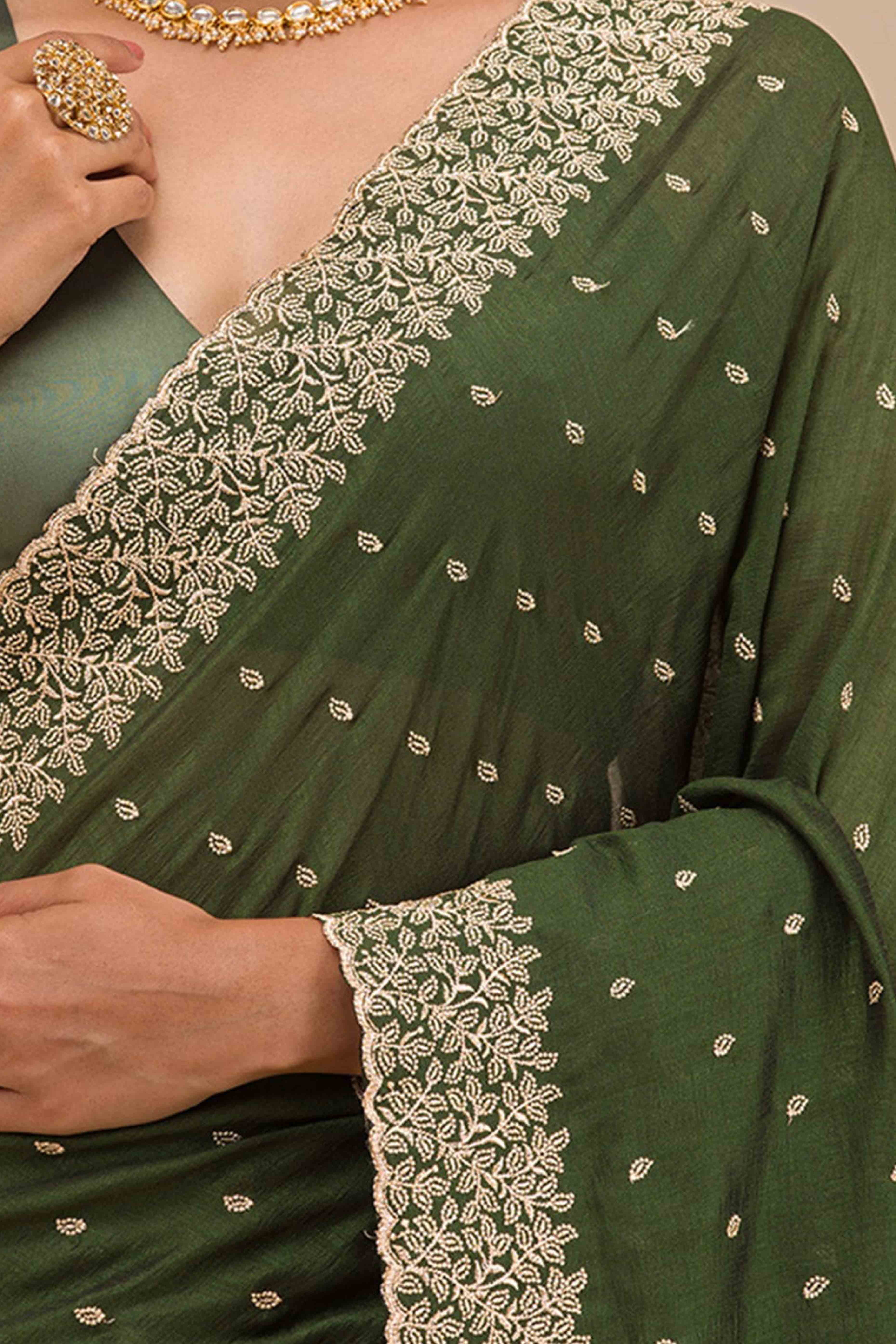 Sophisticated Green Saree in Vichitra Silk with All-Over Floral Embroidered
