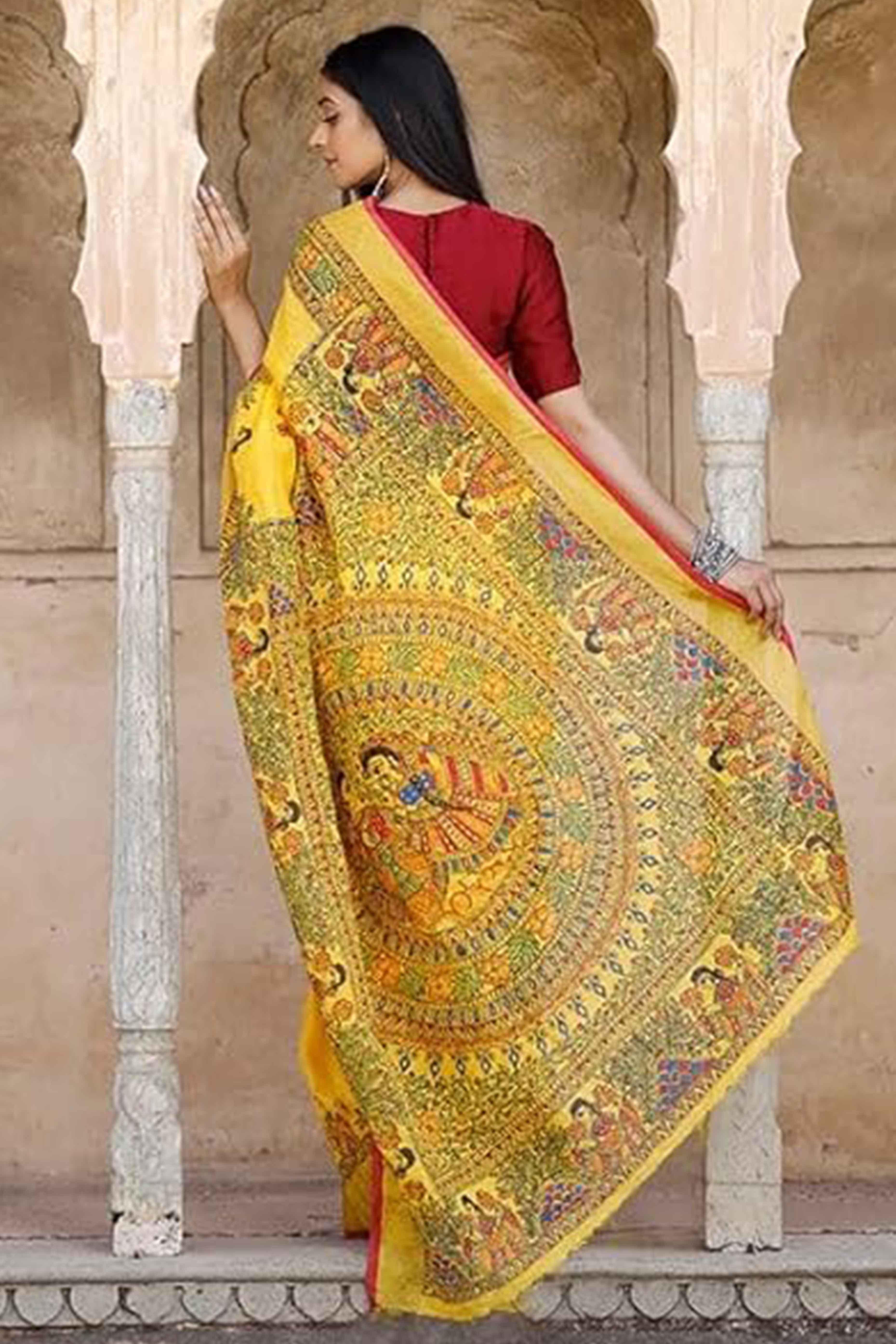 Yellow Madhubani Motif Printed Linen Saree for Festive Wear