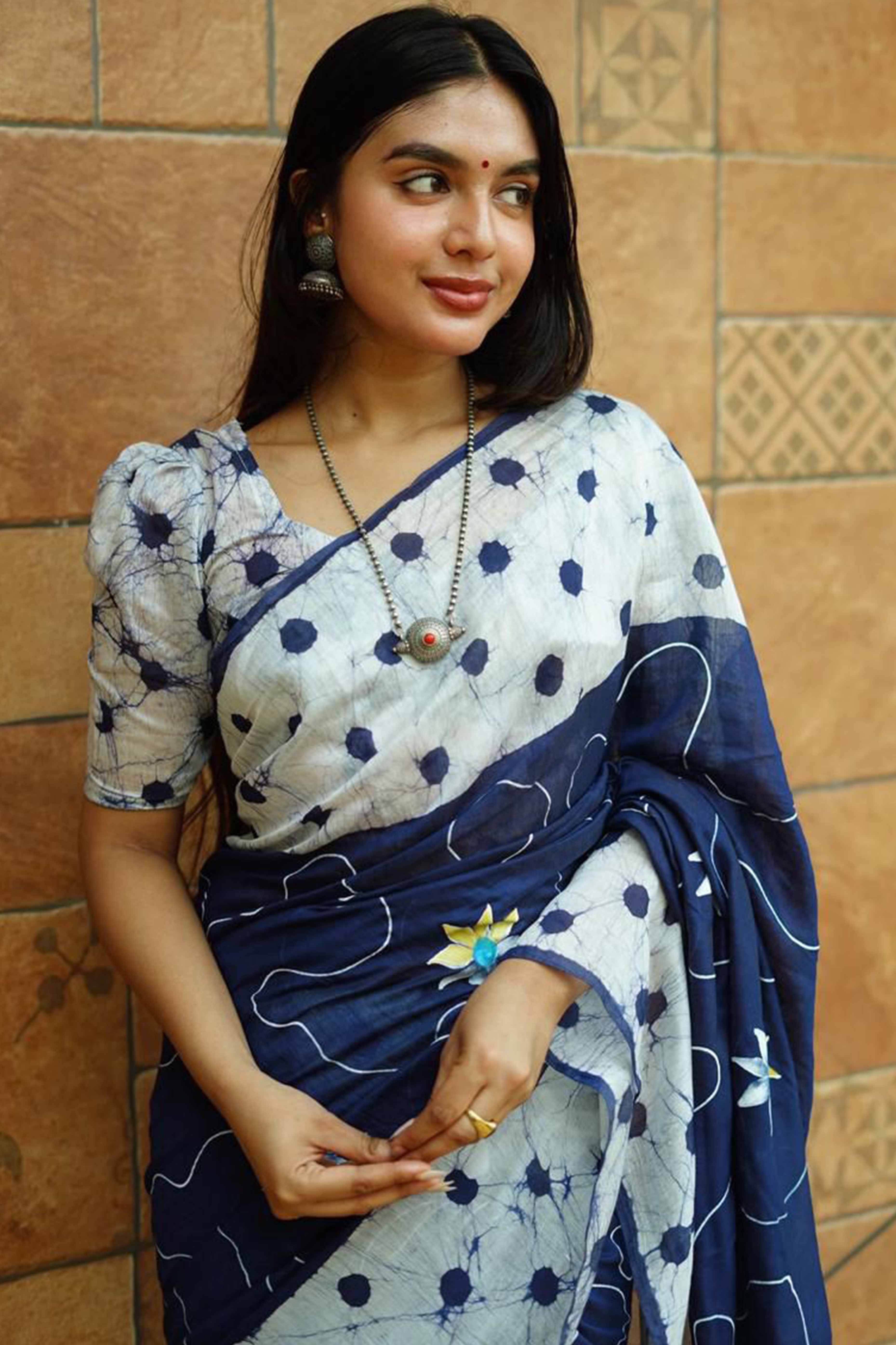 Blue Floral Handprinted Linen Saree for Graceful Ethnic Occasions
