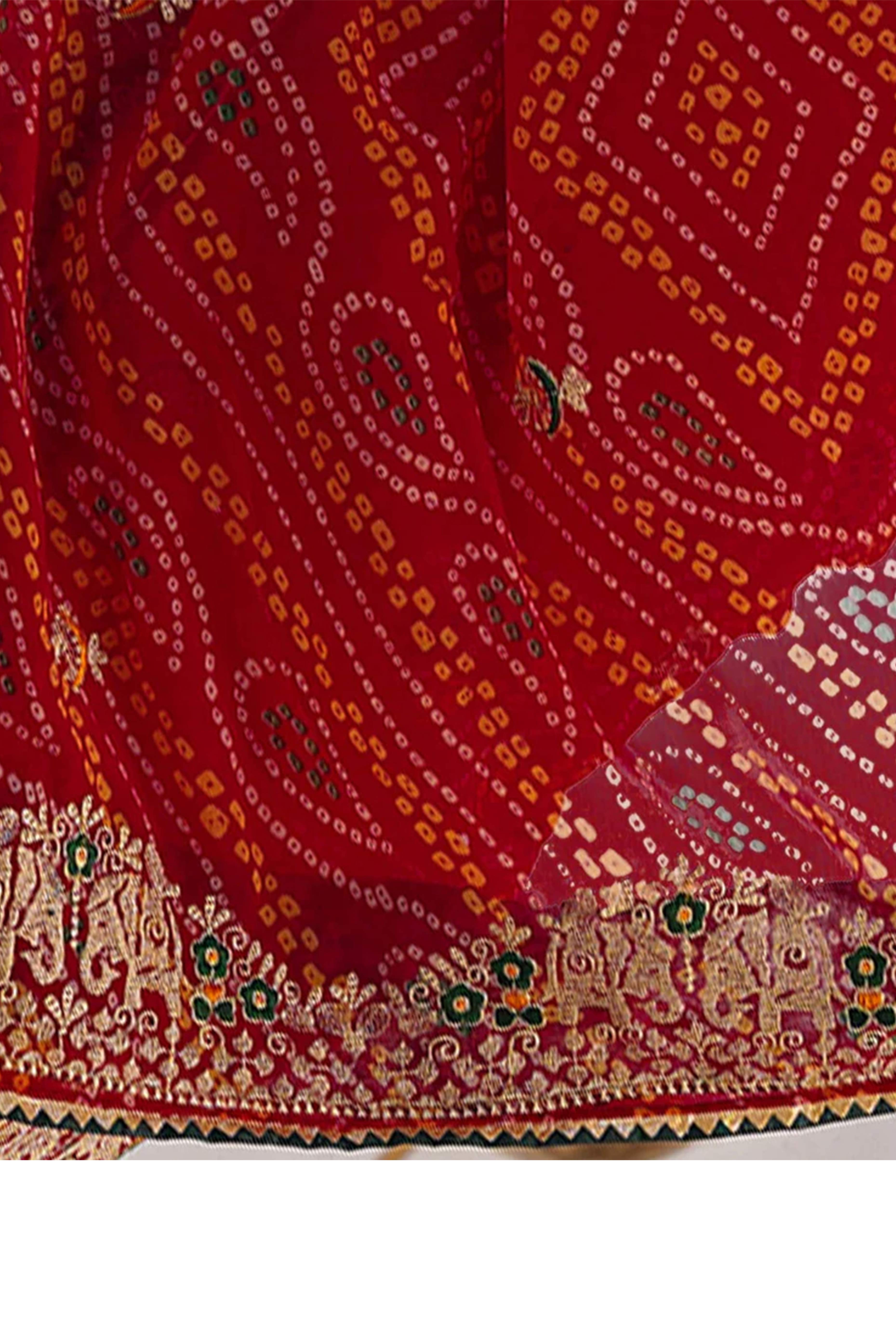 Classic Red Bandhani Print Georgette Saree Enhanced With Intricate Zari Embroidered Border Detailing