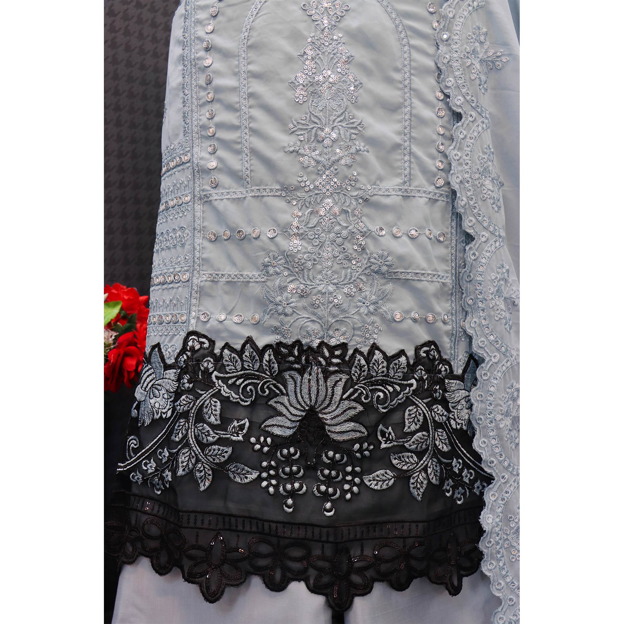 Grey Floral Embroidered Georgette Semi Stitched Pakistani Suit
