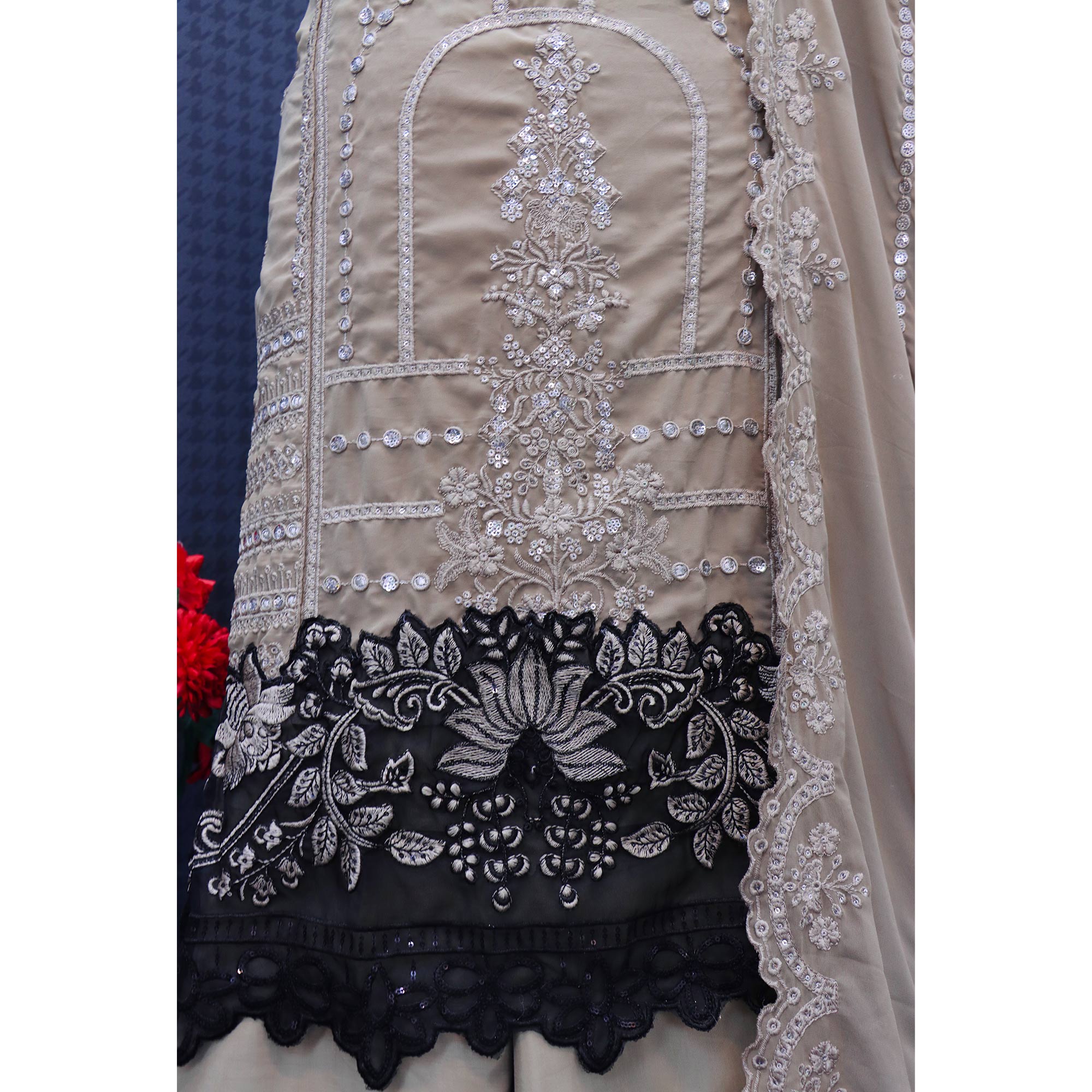 Beige Floral Embroidered Georgette Semi Stitched Pakistani Suit