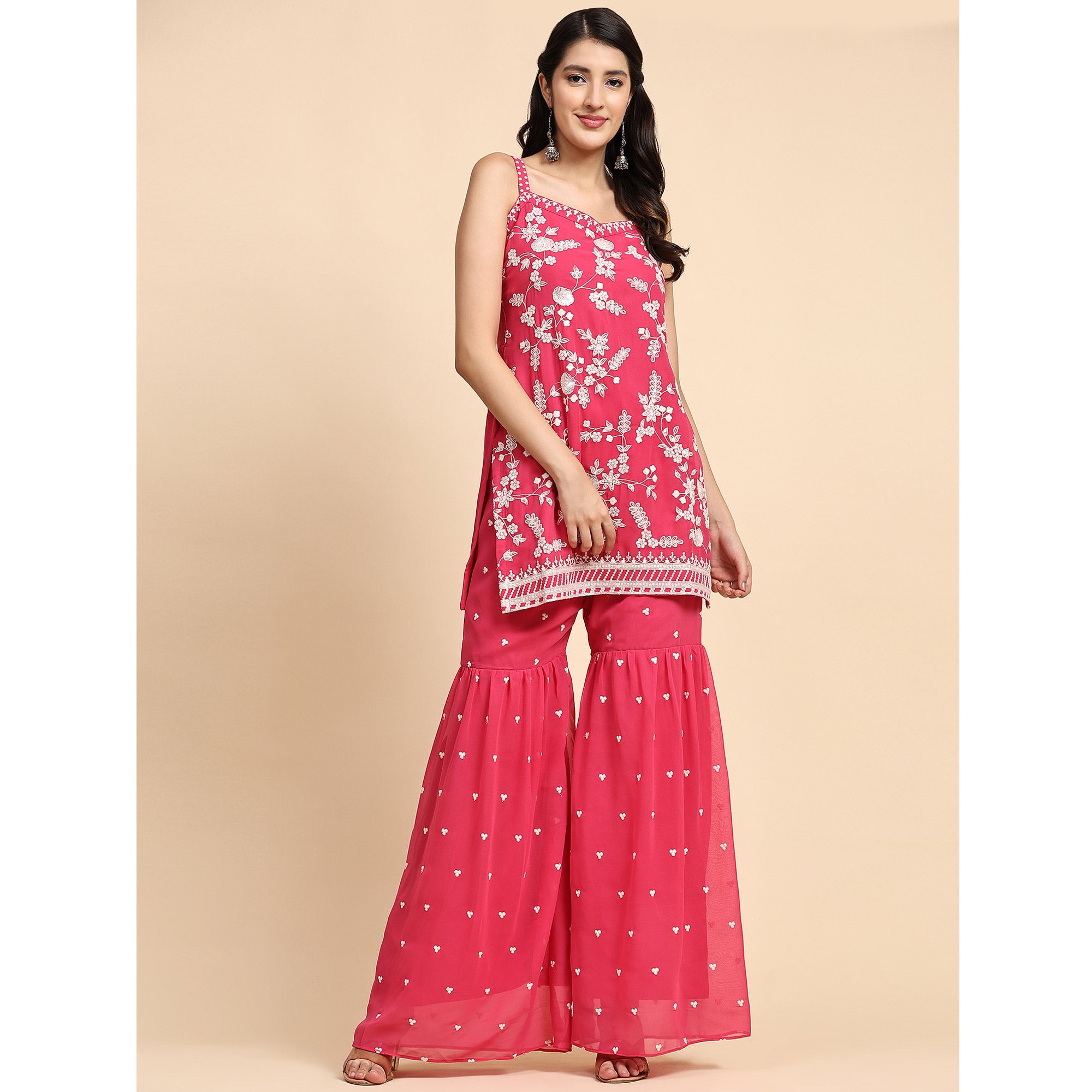 Pink Floral Sequins Embroidered Georgette Semi Stitched Suit