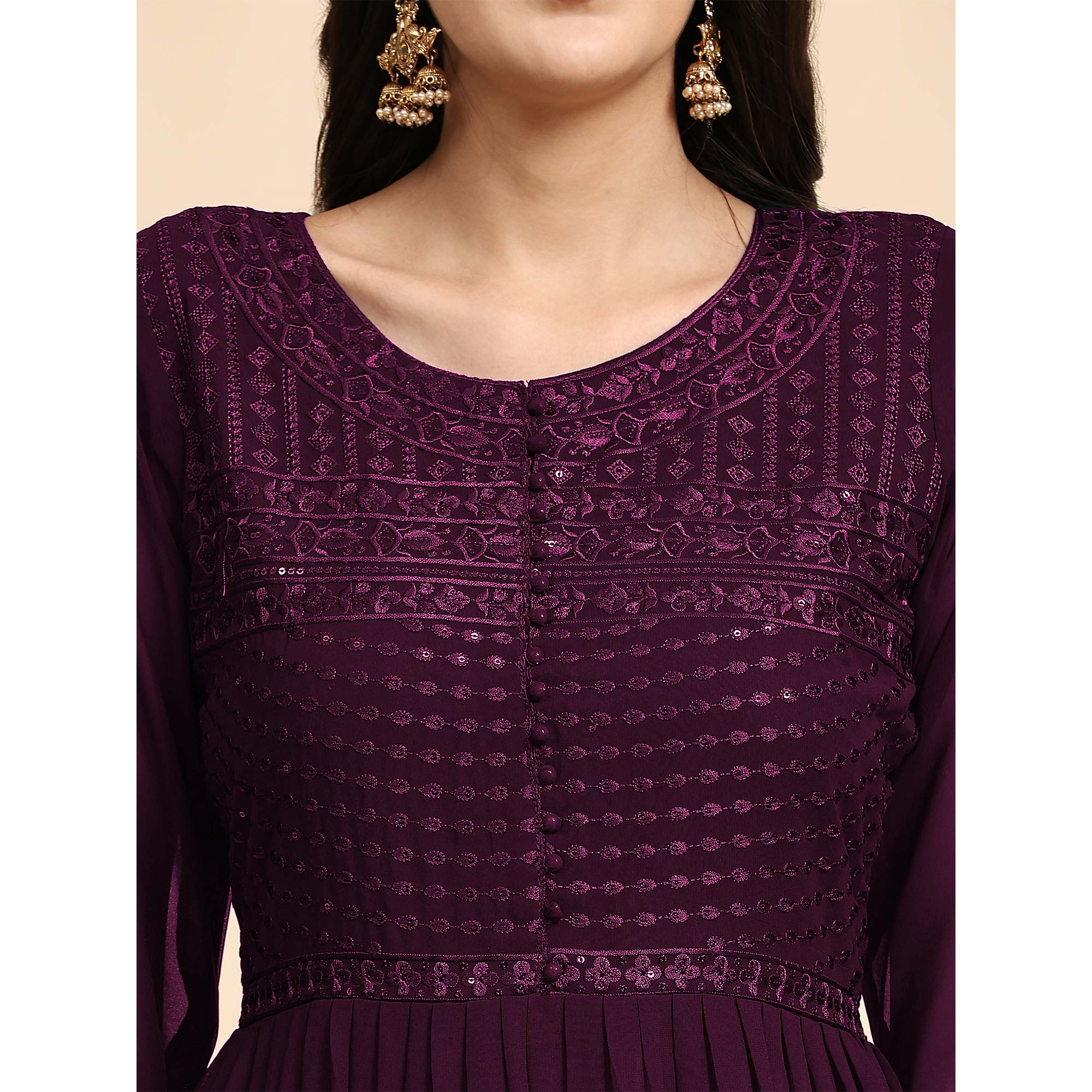 Wine Sequins Embroidered Georgette Semi Stitched Suit