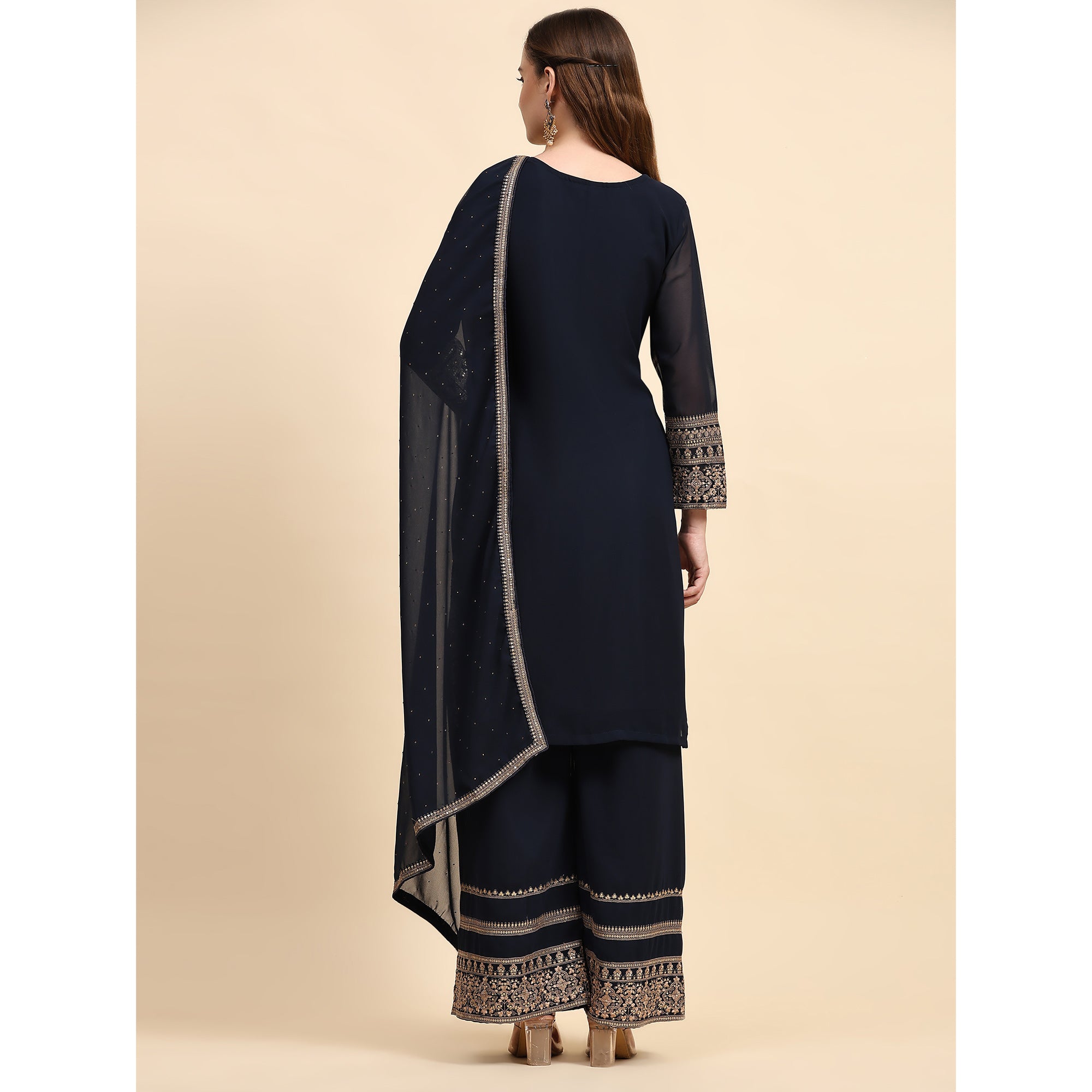 Navy Blue Embroidered Georgette Semi Stitched Suit