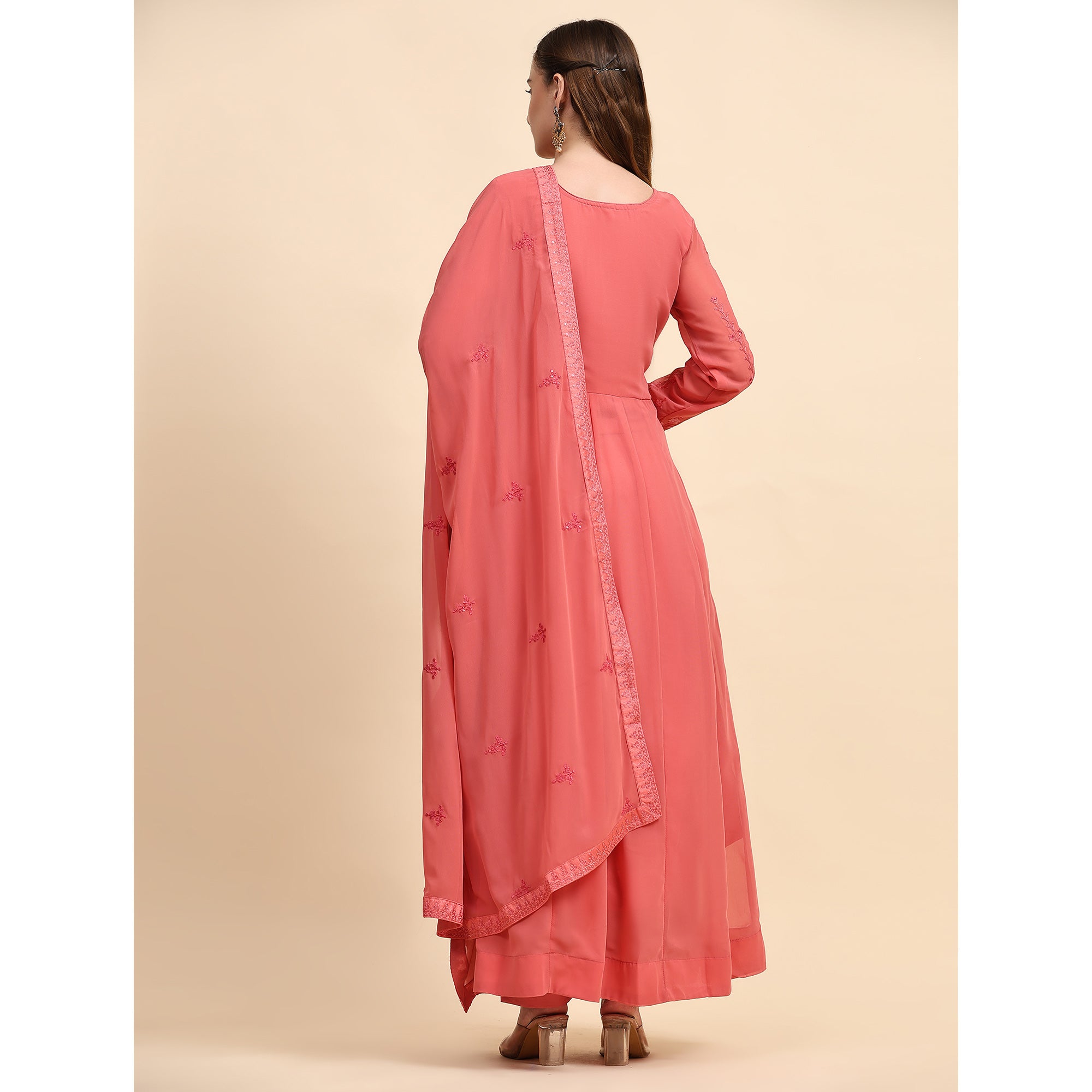 Peach Embroidered Georgette Semi Stitched Anarkali Suit
