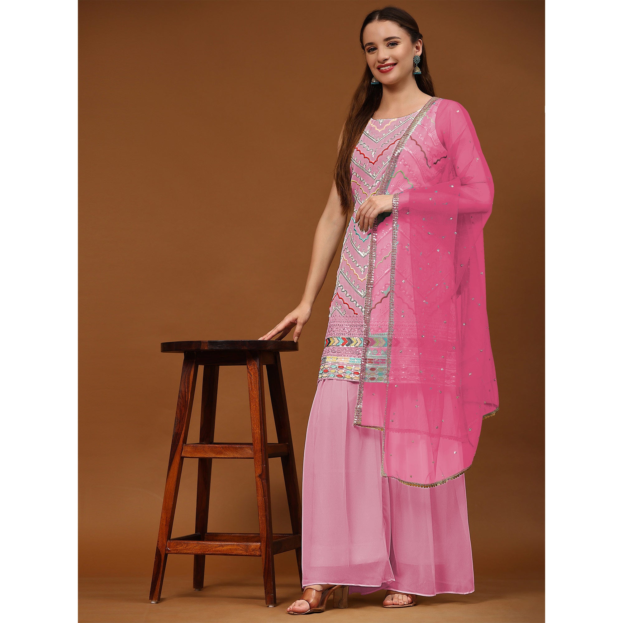 Pink Sequins Embroidered Georgette Semi Stitched Suit