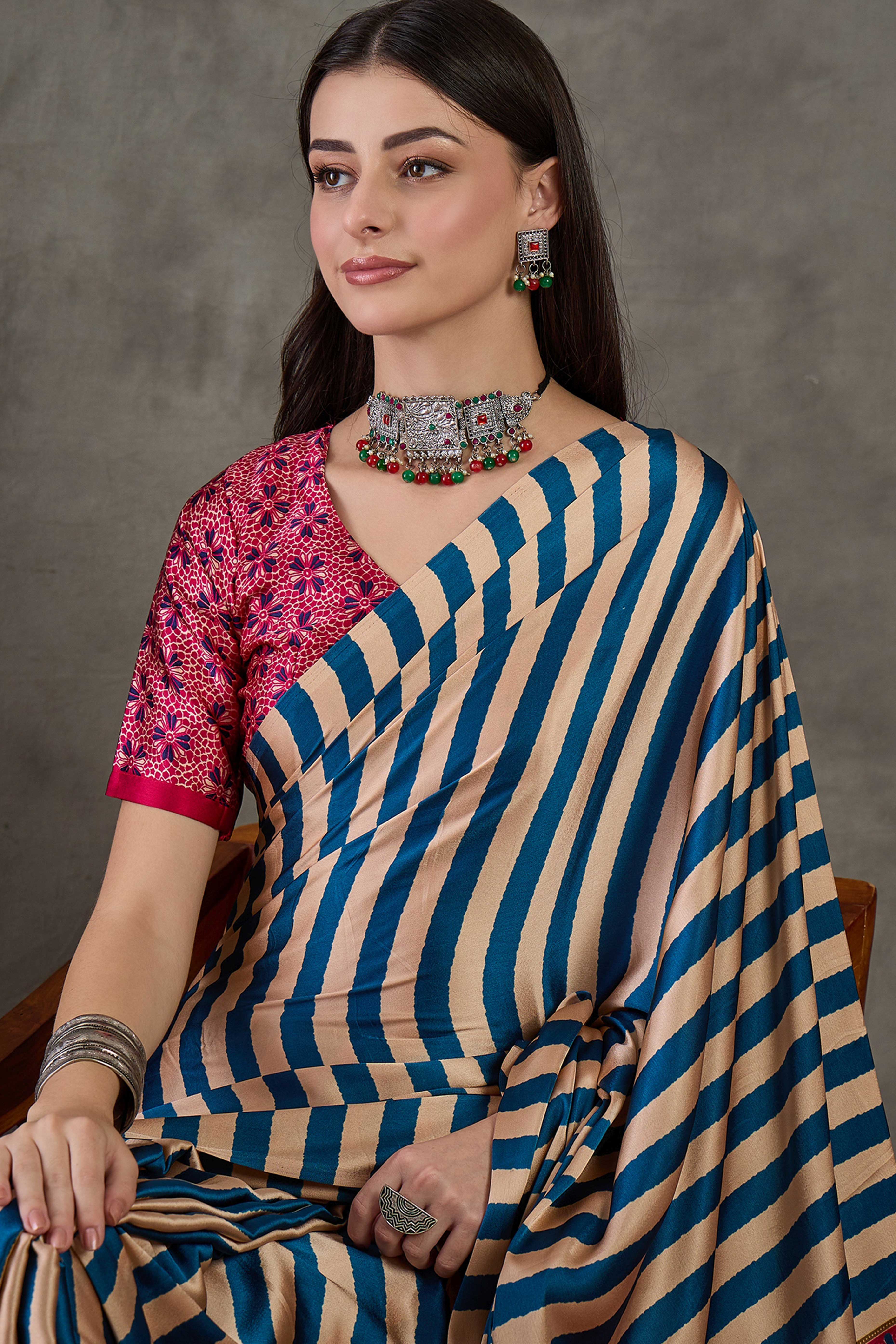 Blue Modal Satin Saree with Subtle Stripe Design and Ajrakh Print on Pallu