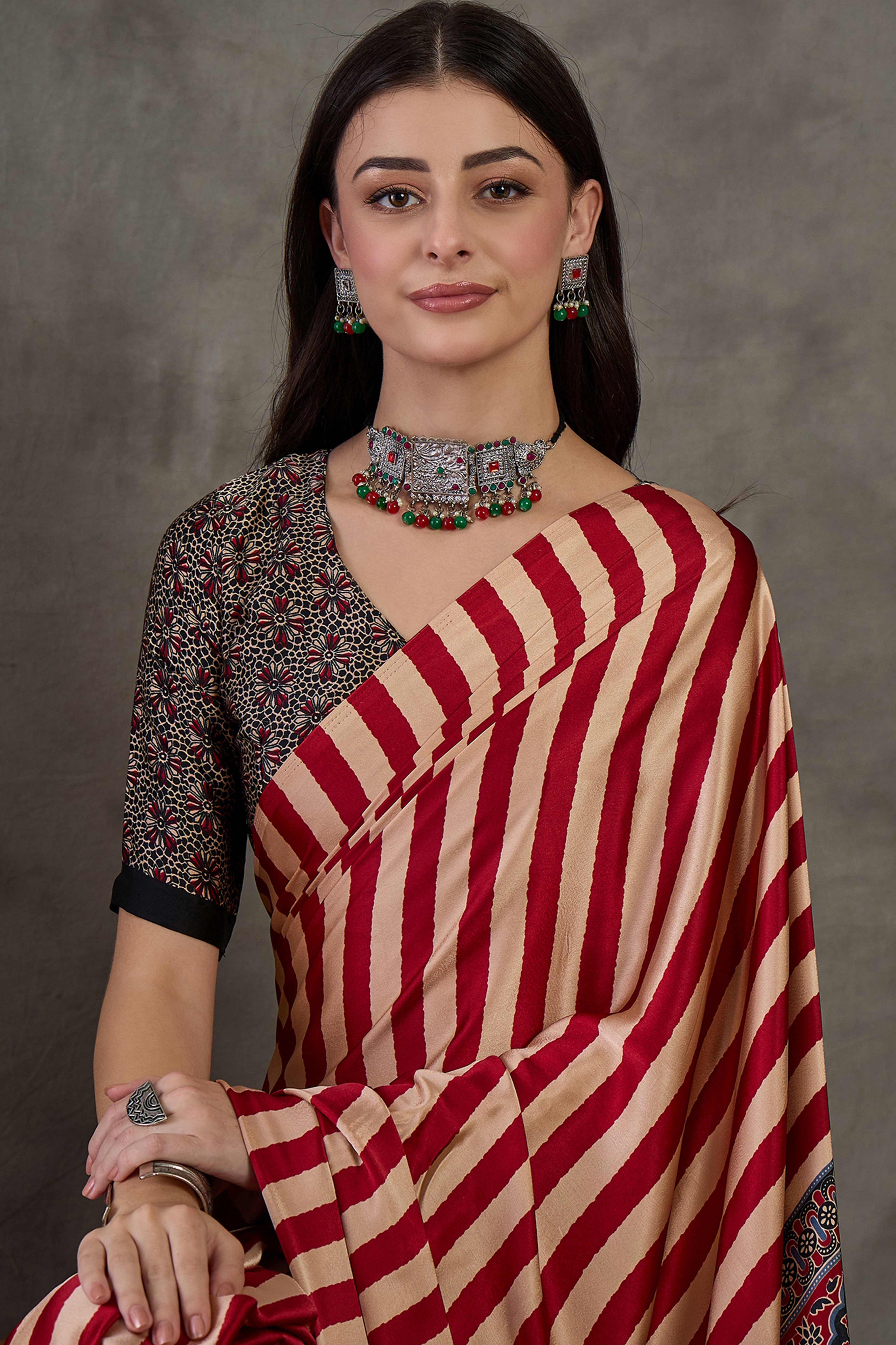 Red Modal Satin Saree with Subtle Stripe Design and Ajrakh Print on Pallu