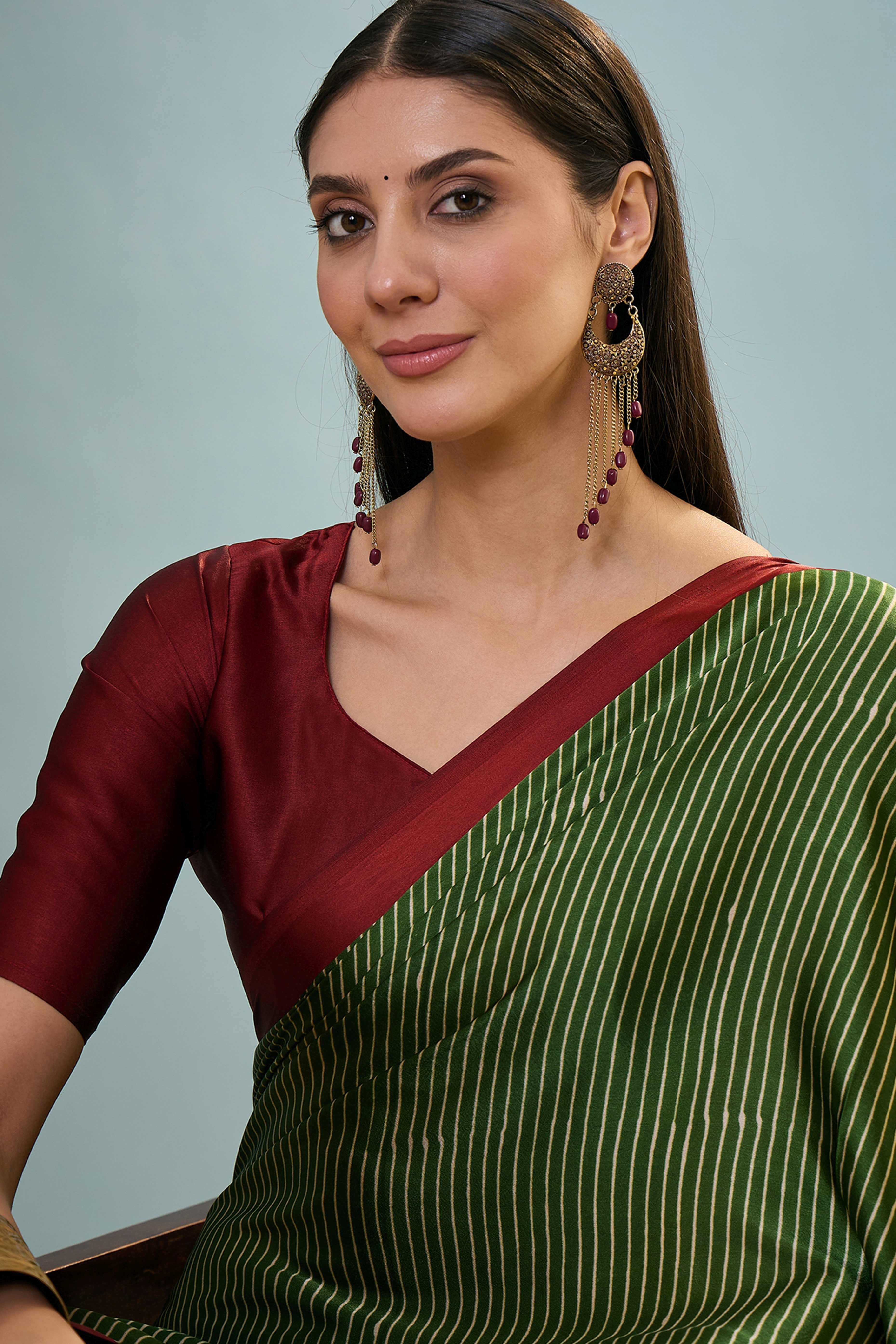 Green Ajrakh Print Satin Saree With Traditional Charm