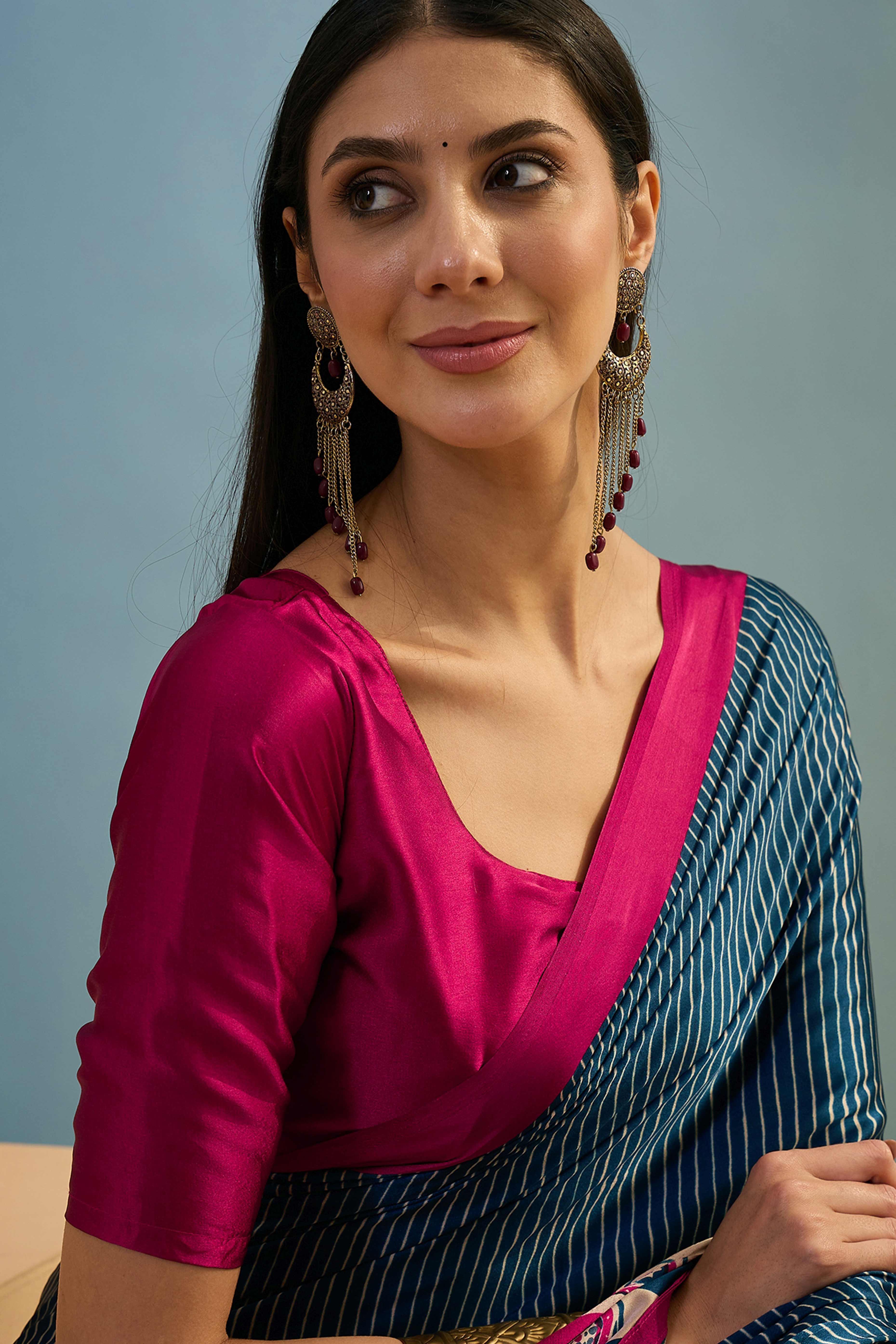Blue Ajrakh Print Satin Saree With Traditional Charm
