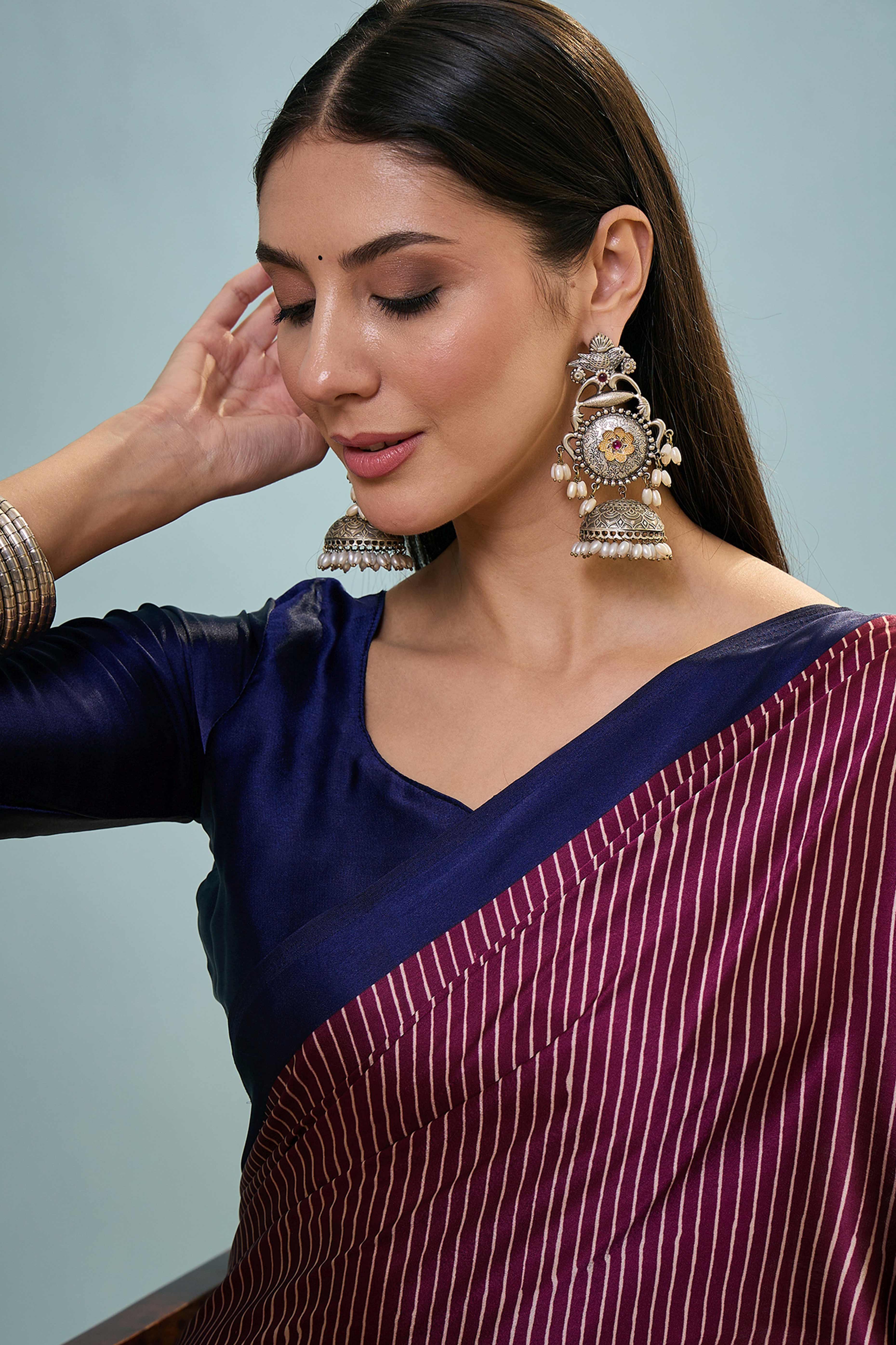Wine Ajrakh Print Satin Saree With Traditional Charm