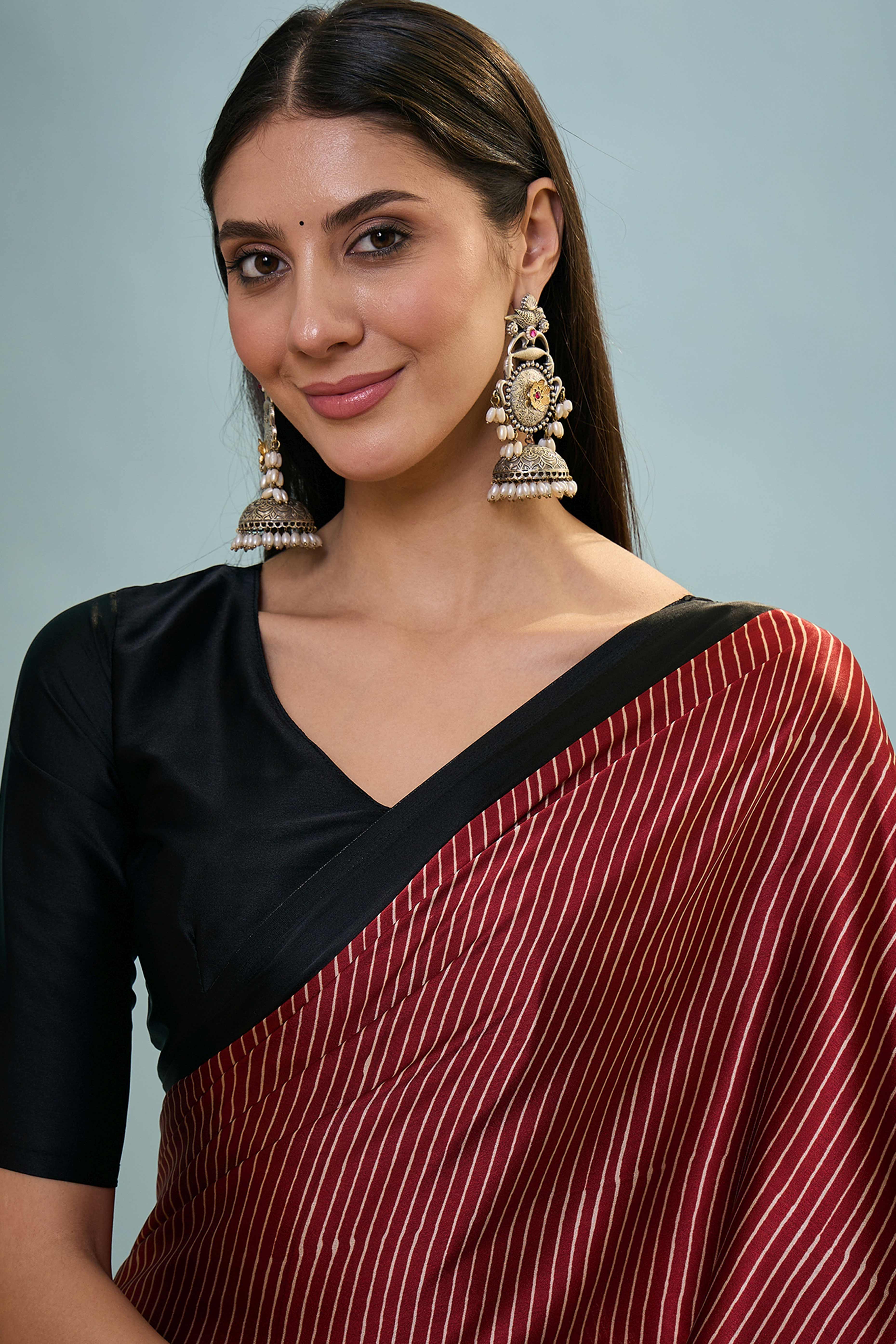Maroon Ajrakh Print Satin Saree With Traditional Charm