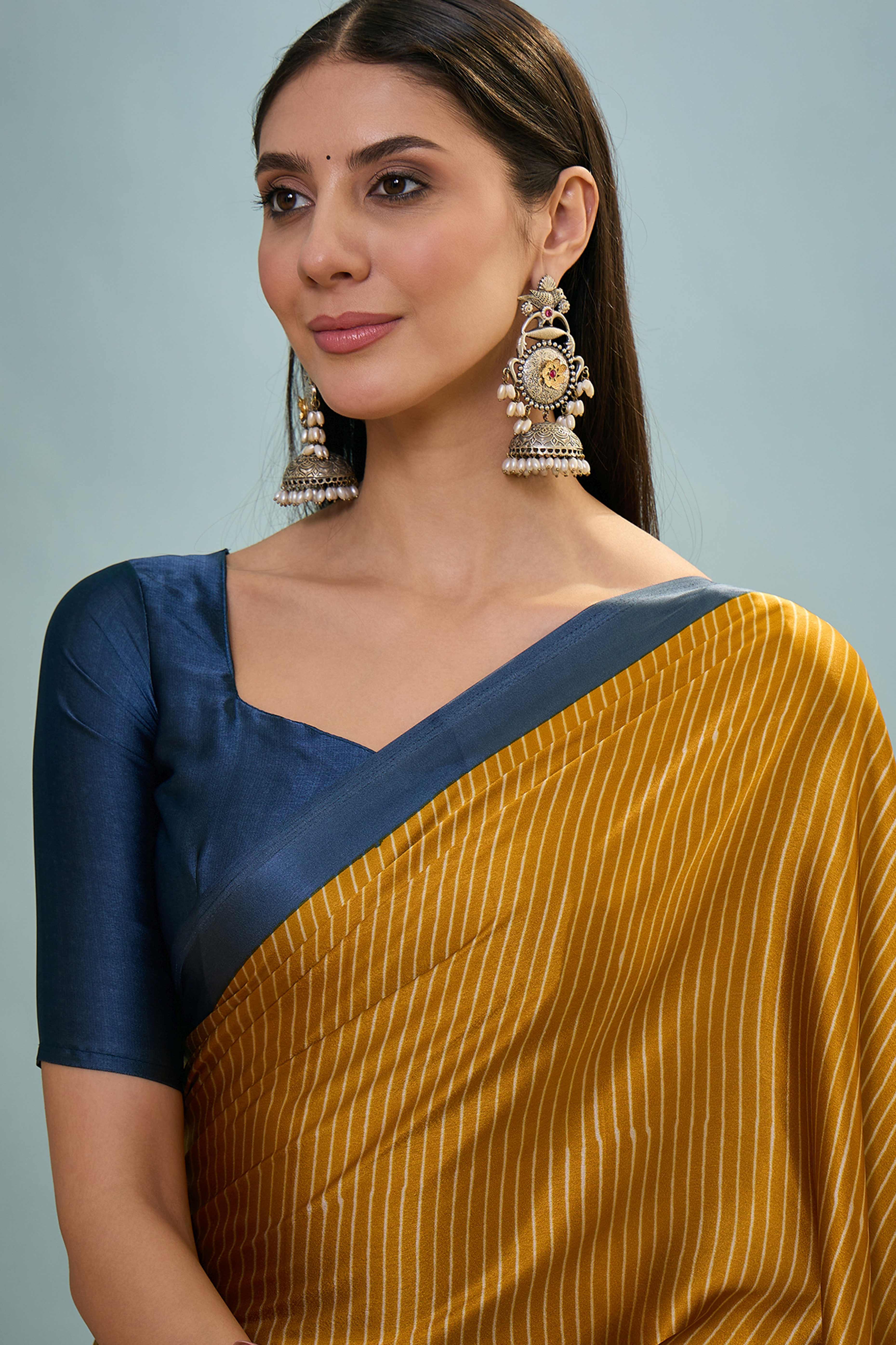 Mustard Ajrakh Print Satin Saree With Traditional Charm
