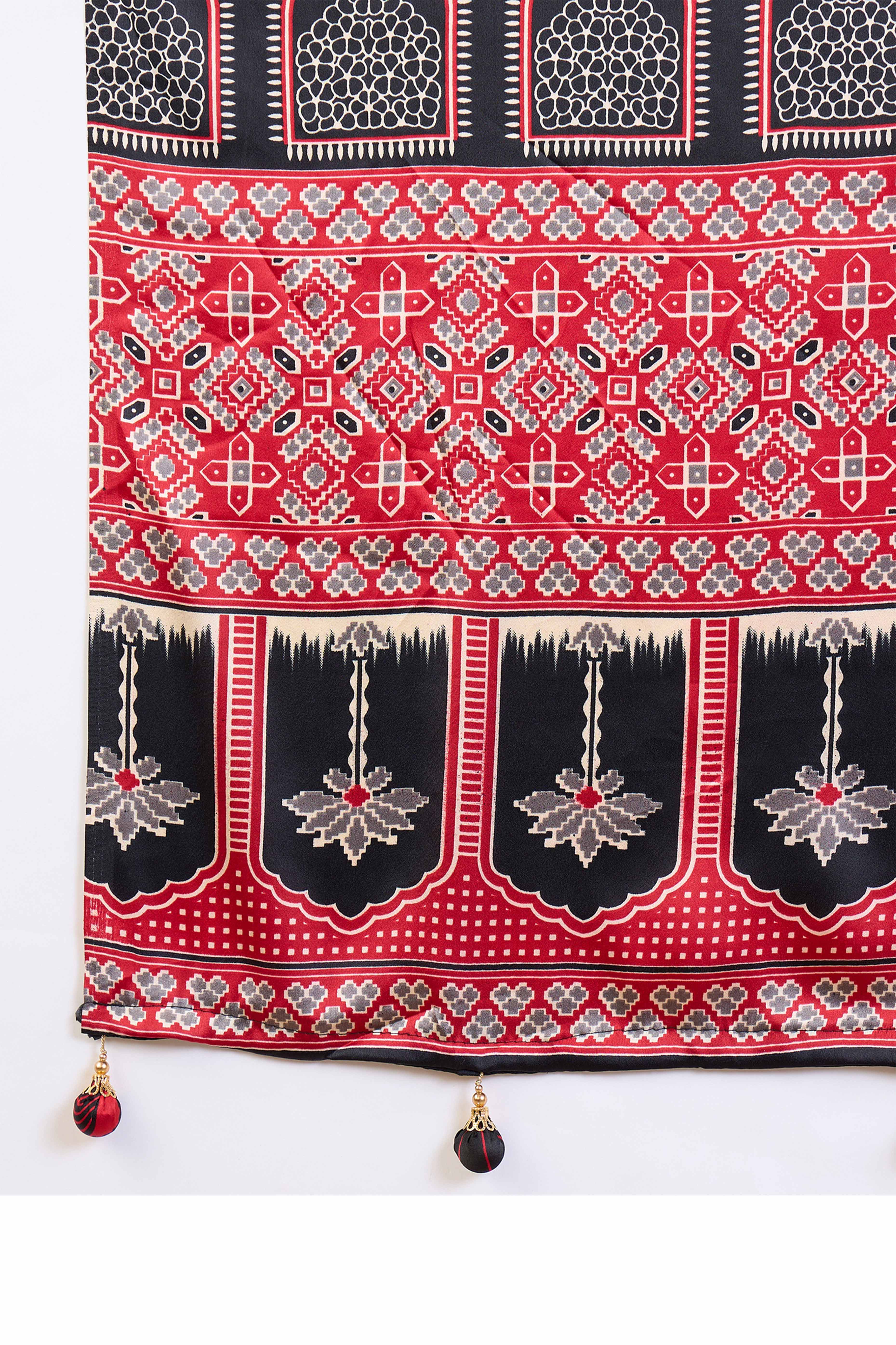 Wine Polka Dot Modal Satin Saree with Traditional Ajrakh Detailing on Pallu