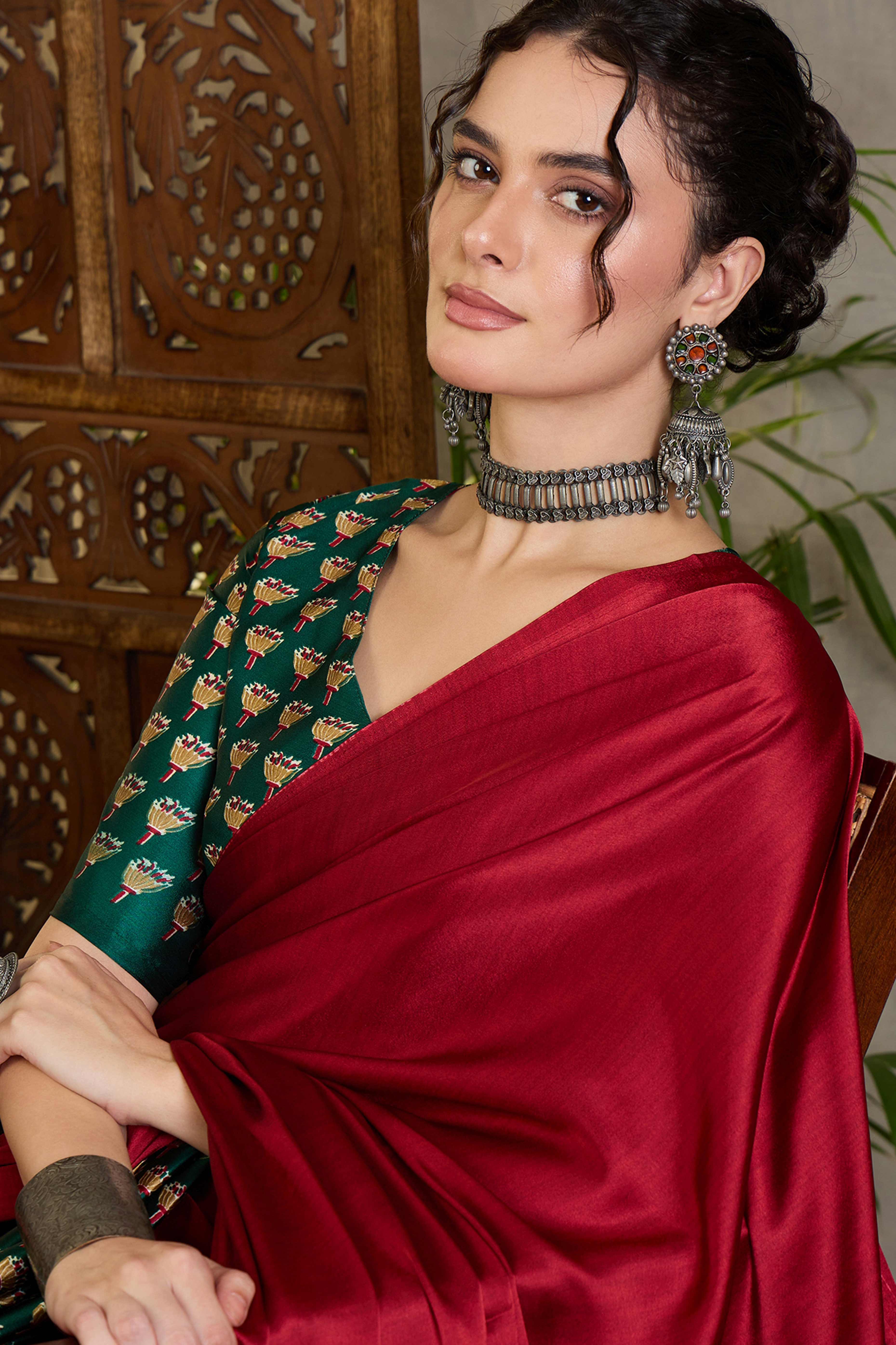 Green Solid Modal Satin Saree Highlighted with Classic Ajrakh Pallu Design