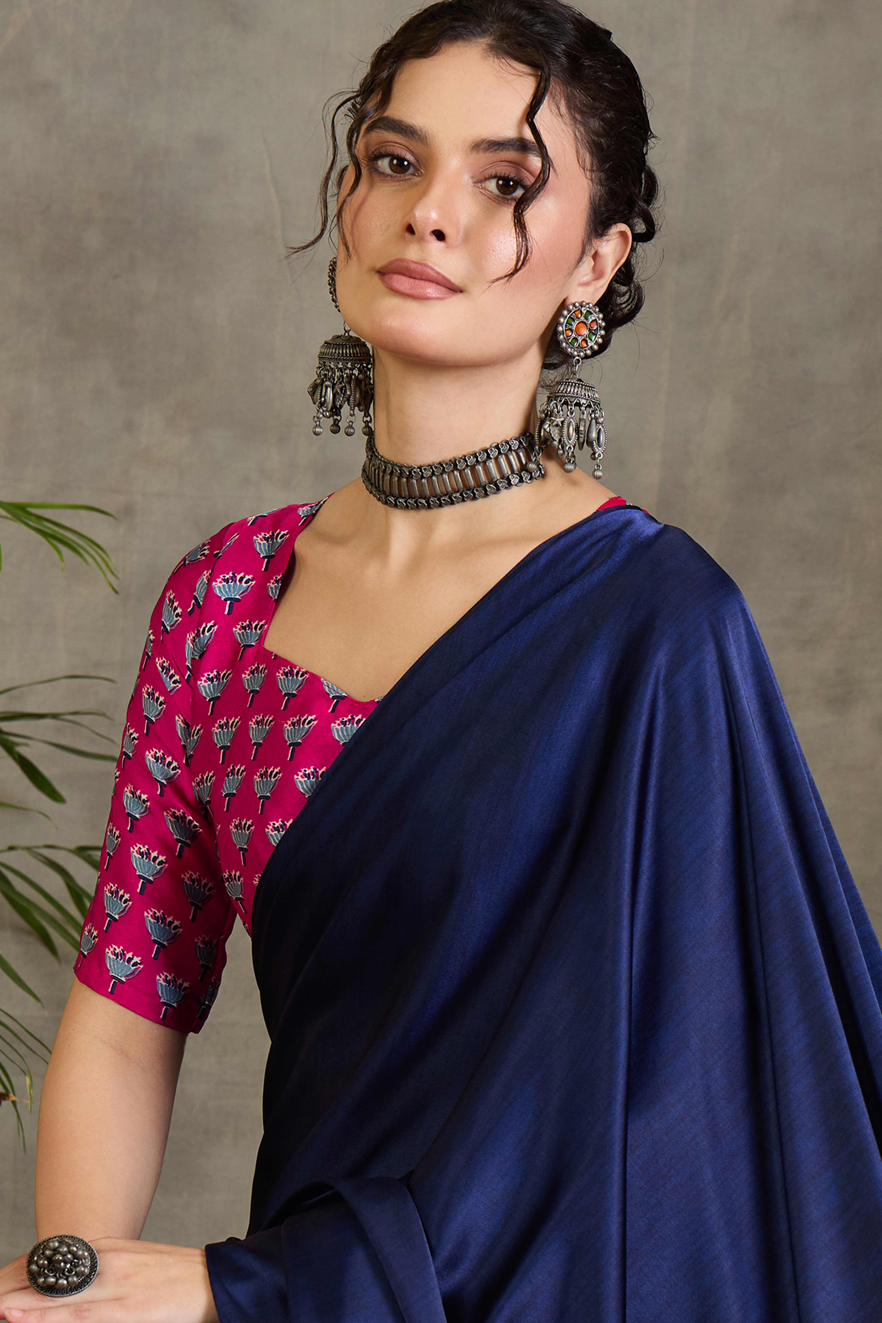 Pink Solid Modal Satin Saree Highlighted with Classic Ajrakh Pallu Design