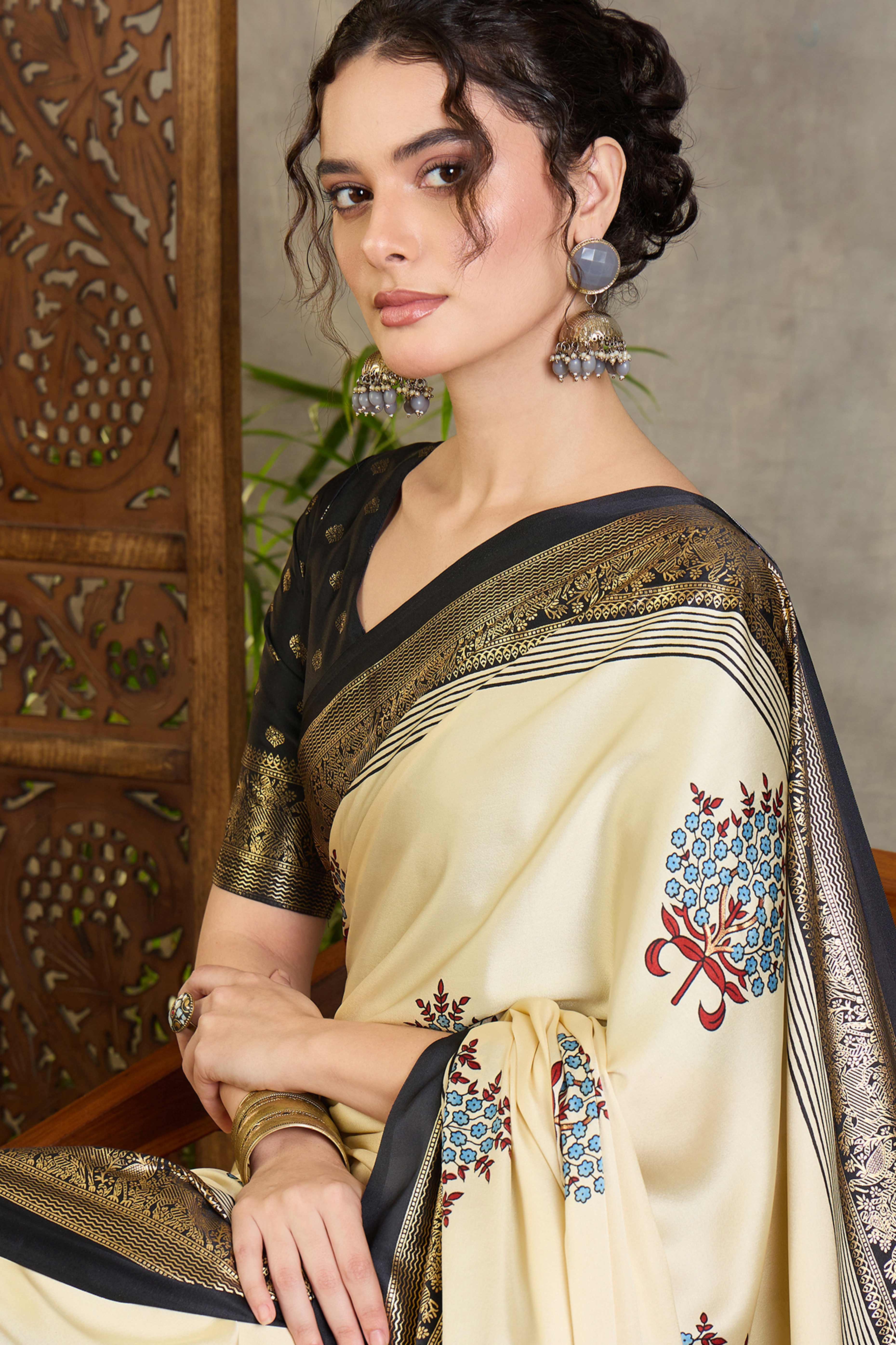Cream Floral Printed Modal Satin Saree with Traditional Zari Detailing