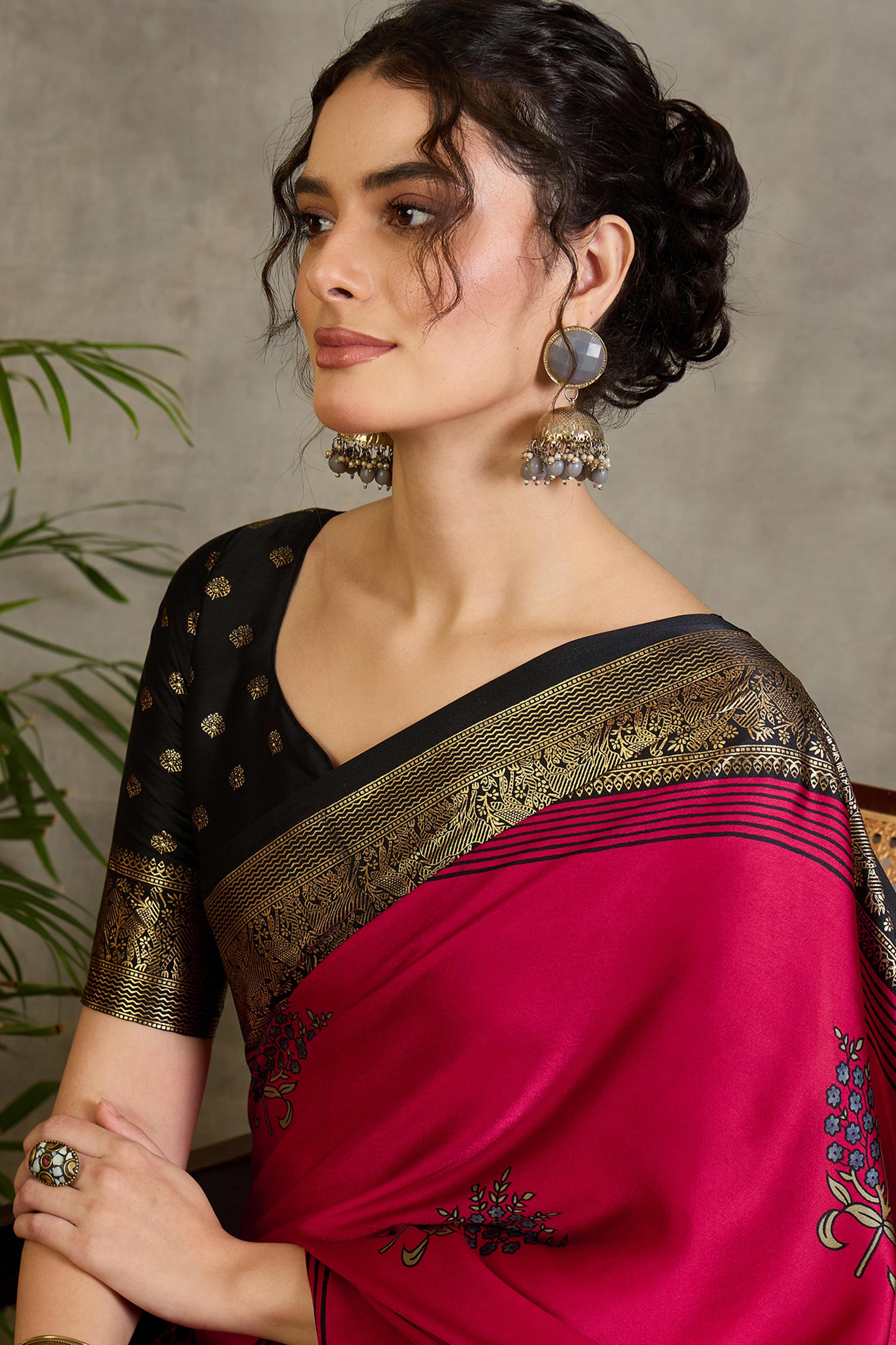 Red Floral Printed Modal Satin Saree with Traditional Zari Detailing