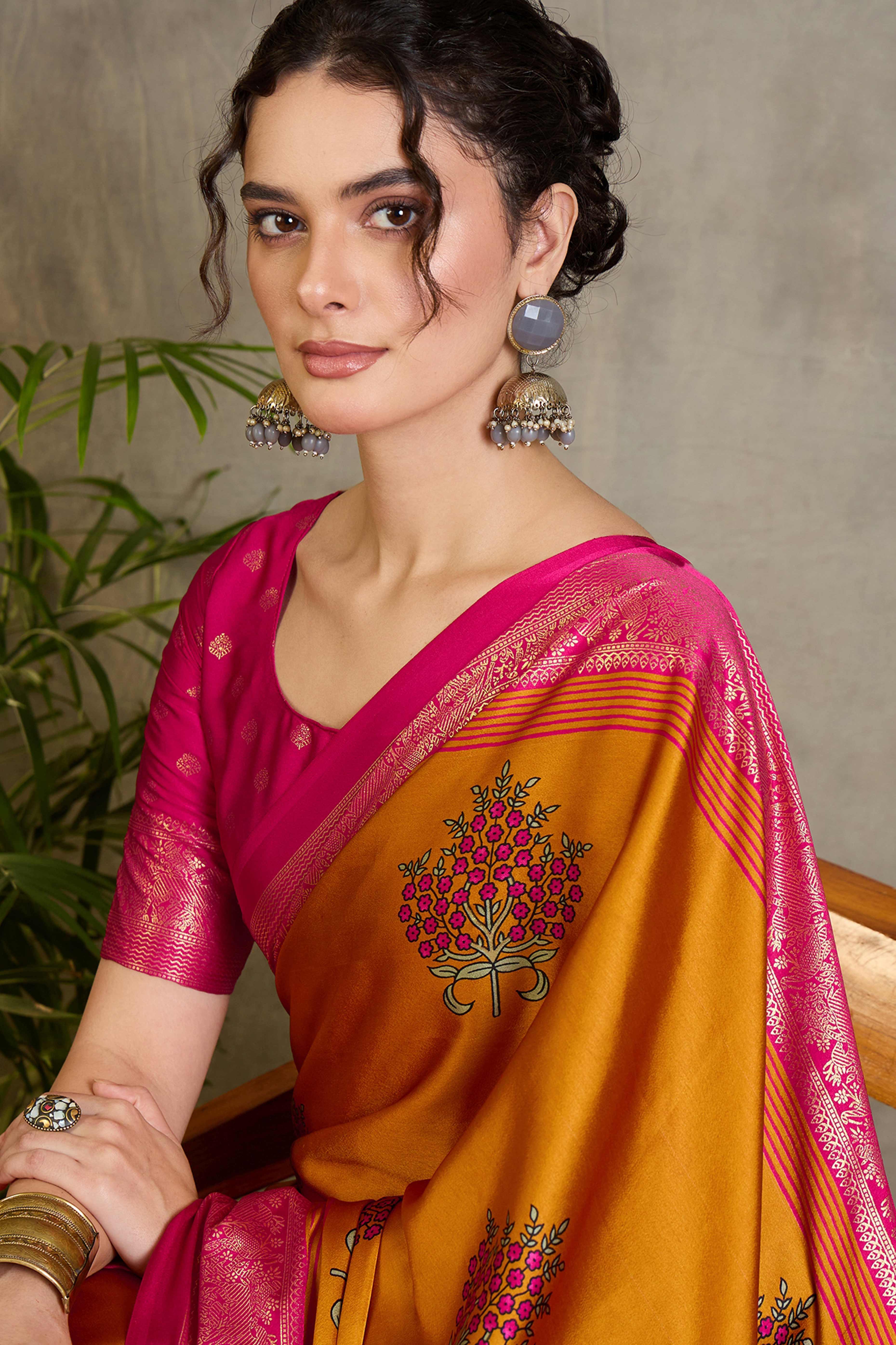 Mustard Floral Printed Modal Satin Saree with Traditional Zari Detailing