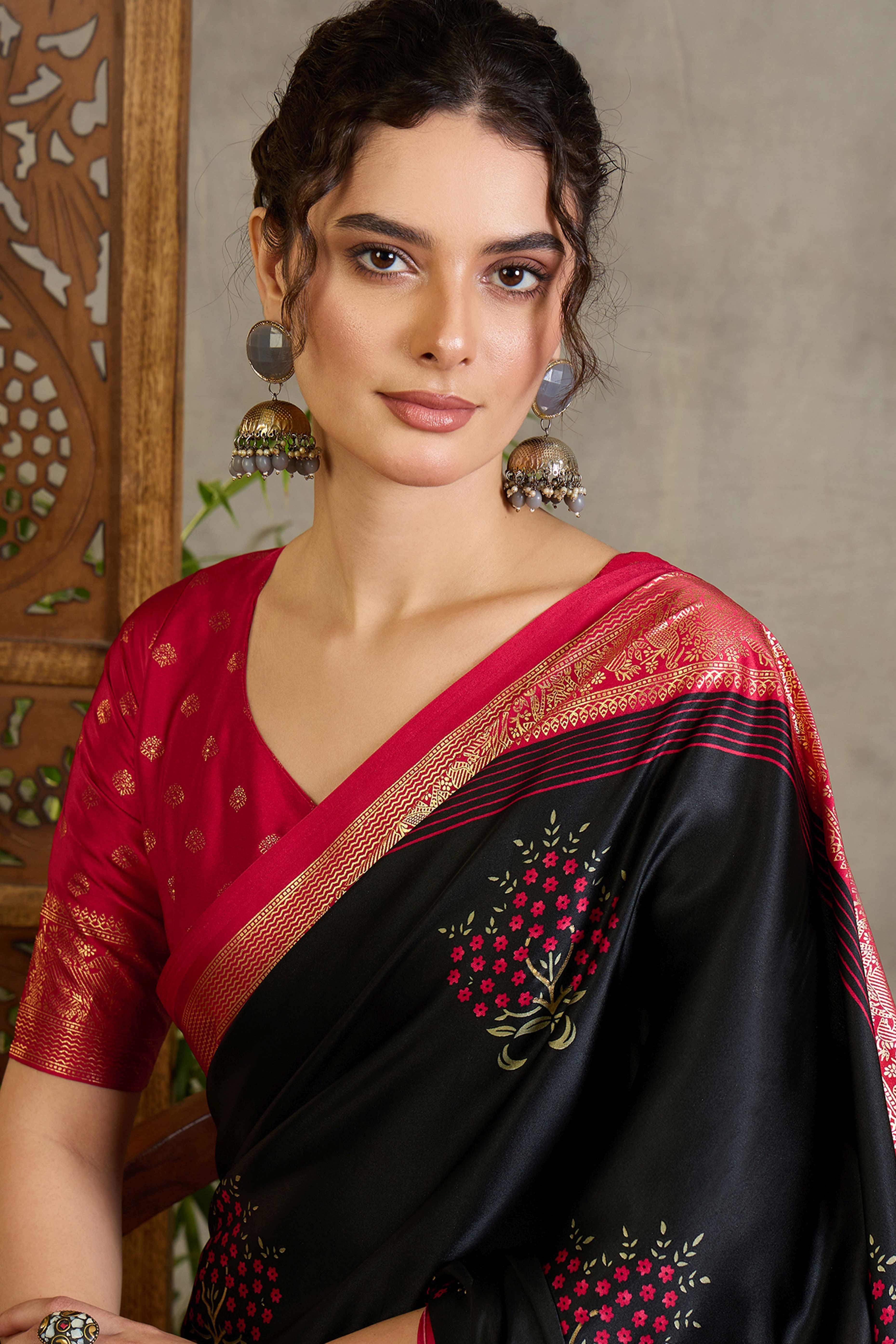 Black Floral Printed Modal Satin Saree with Traditional Zari Detailing