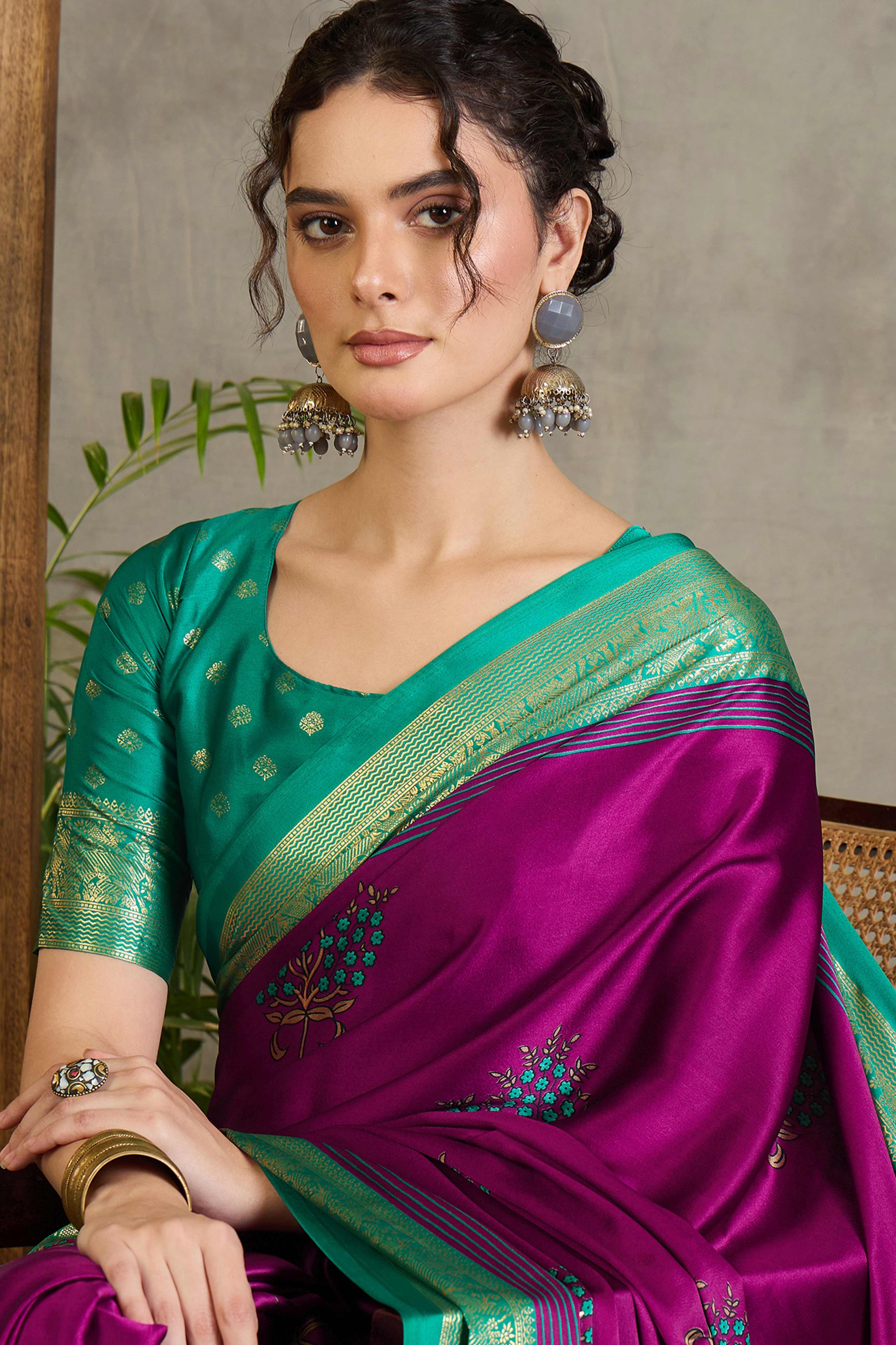 Magenta Floral Printed Modal Satin Saree with Traditional Zari Detailing