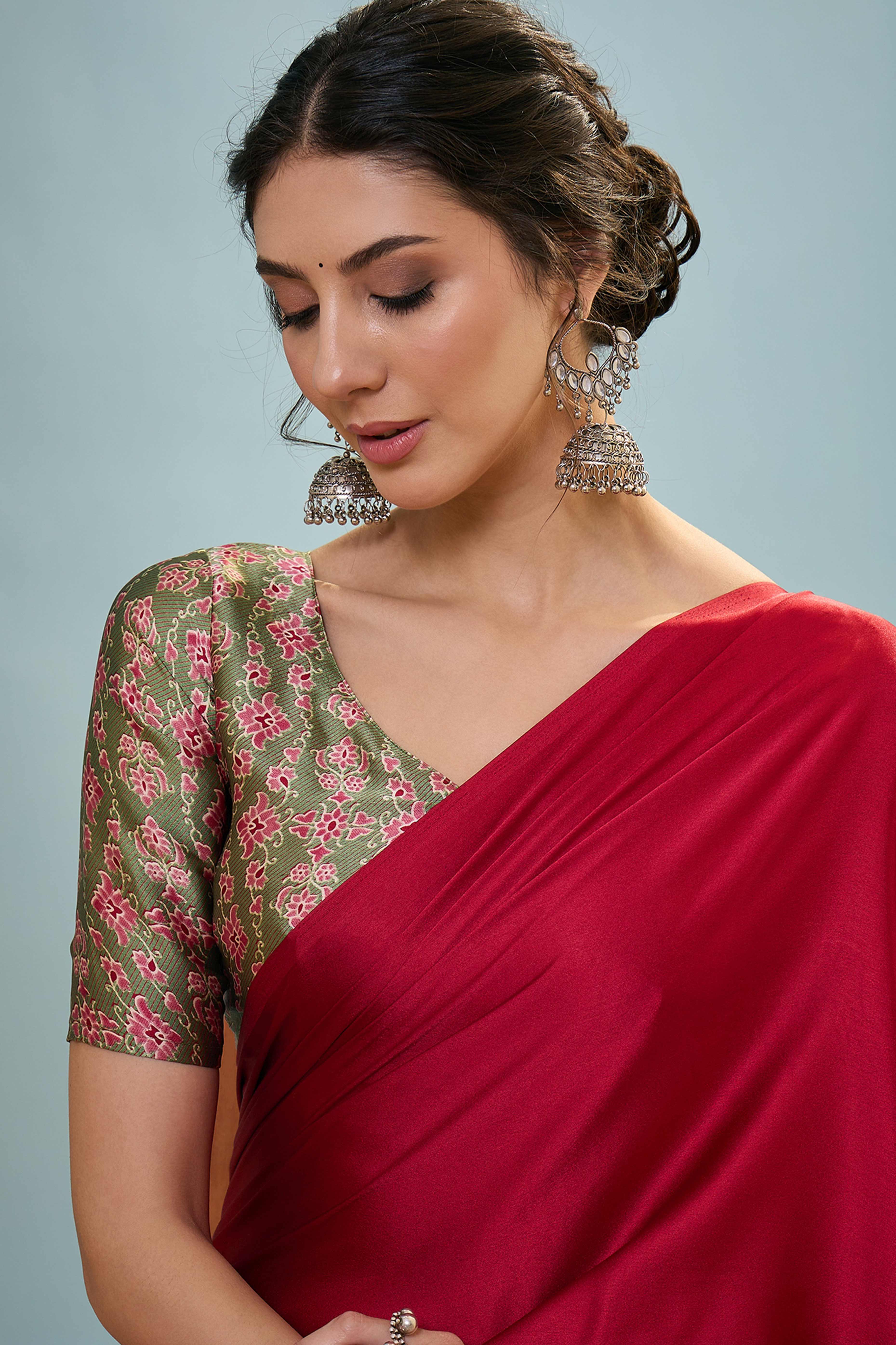 Red Solid Modal Satin Saree Highlighted With Classic Ajrakh Pallu Design