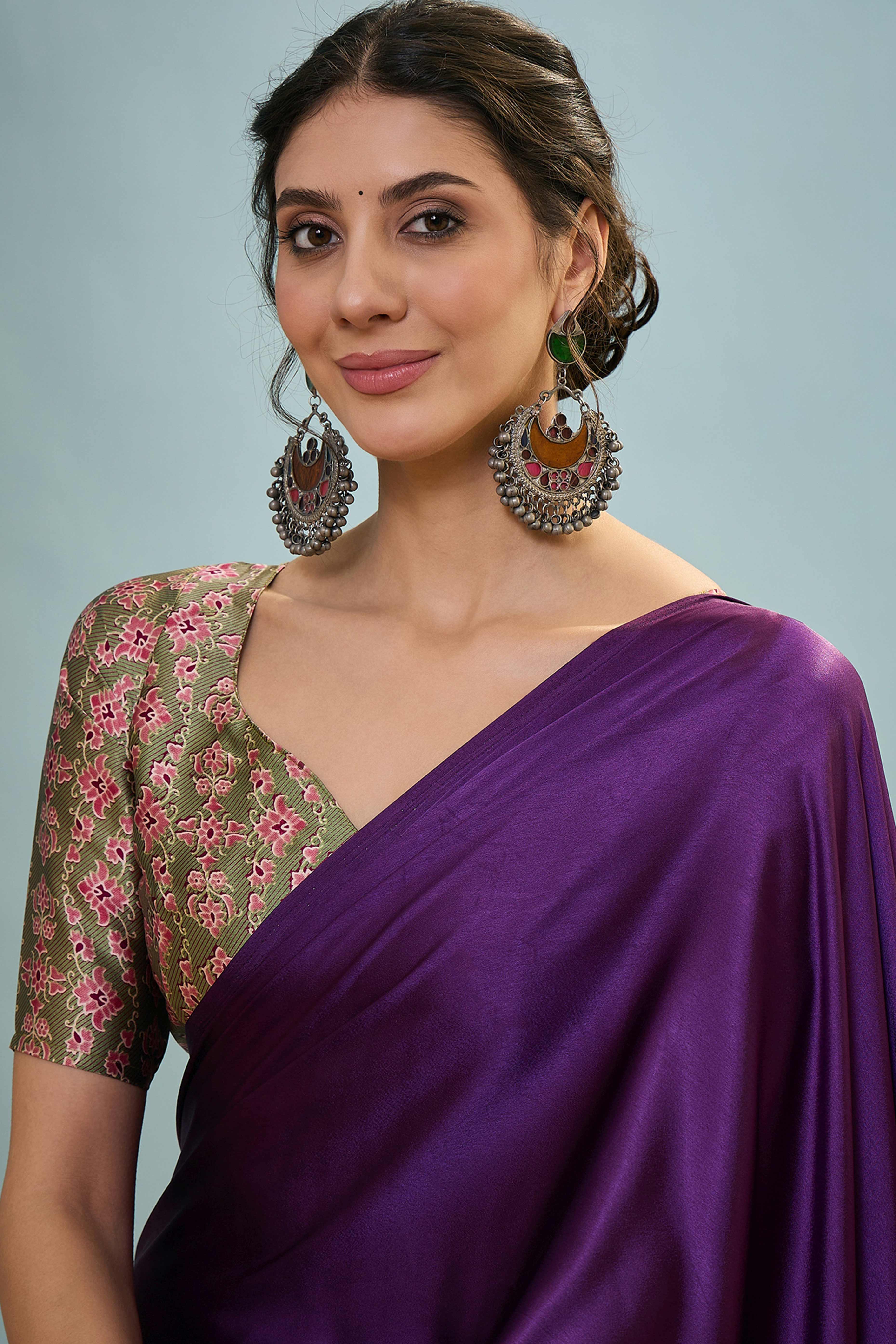 Purple Solid Modal Satin Saree Highlighted With Classic Ajrakh Pallu Design