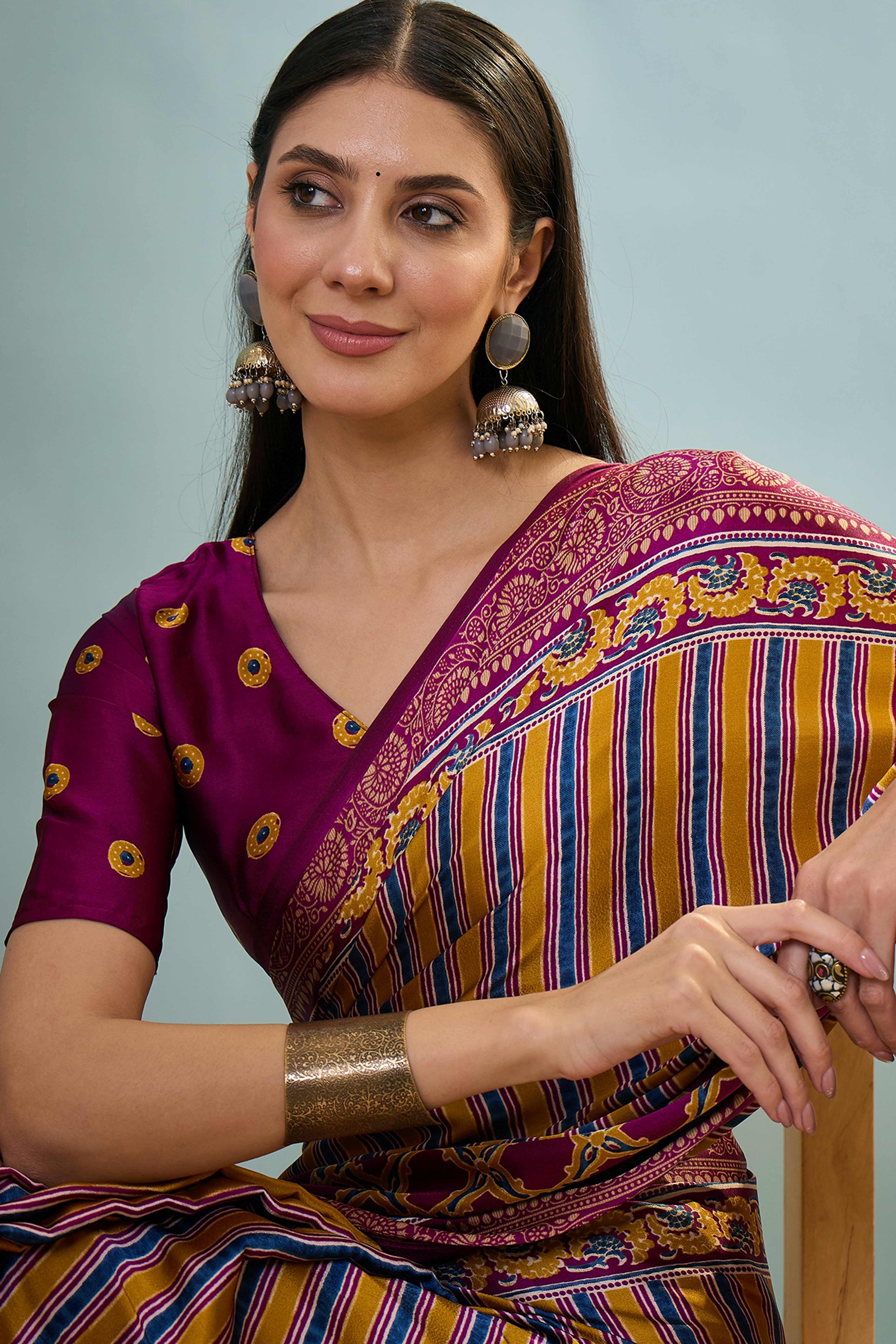 Modern Magenta Striped Printed Modal Satin Saree with Luxurious Flow and Shine