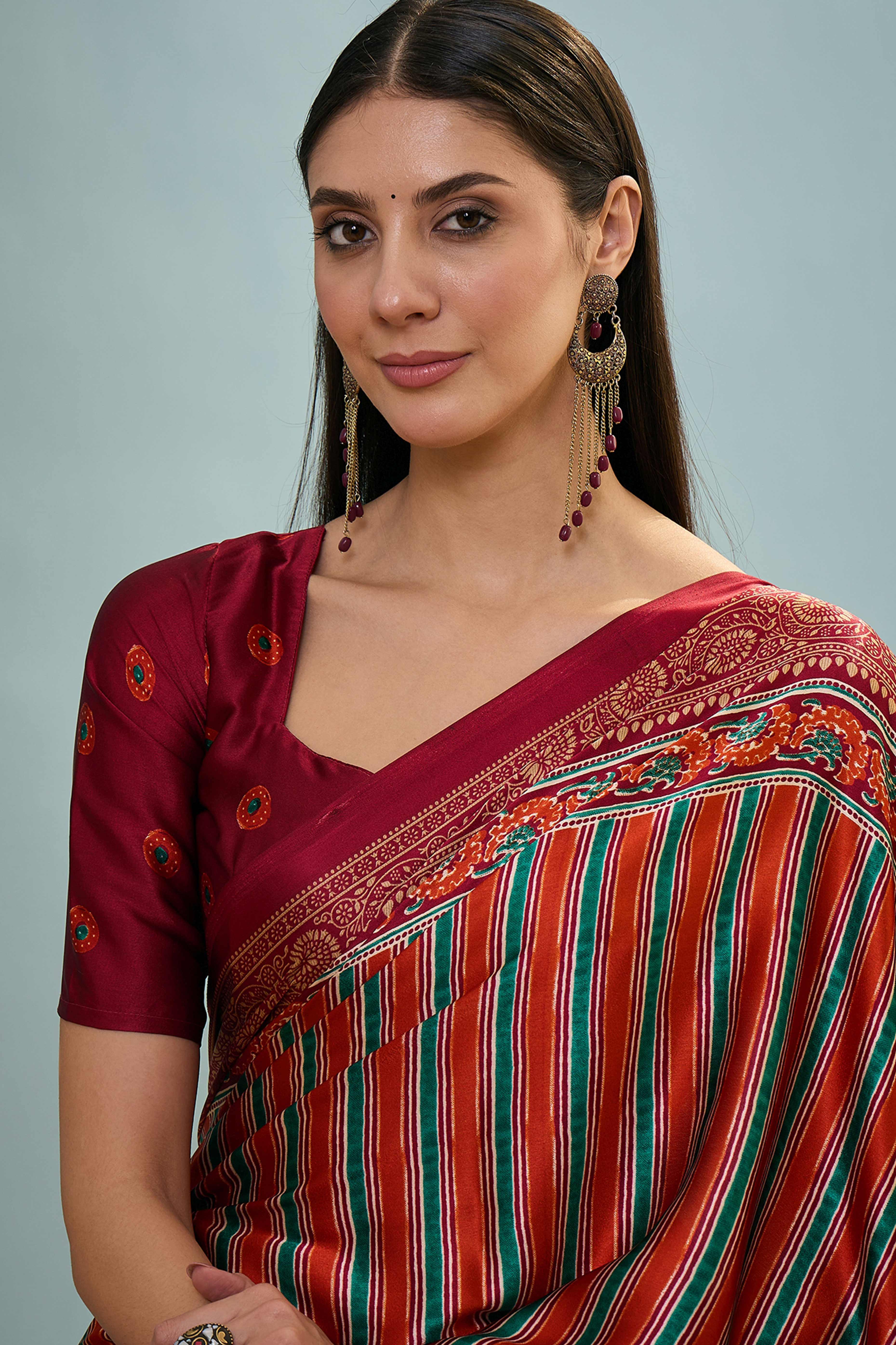 Modern Red Striped Printed Modal Satin Saree with Luxurious Flow and Shine