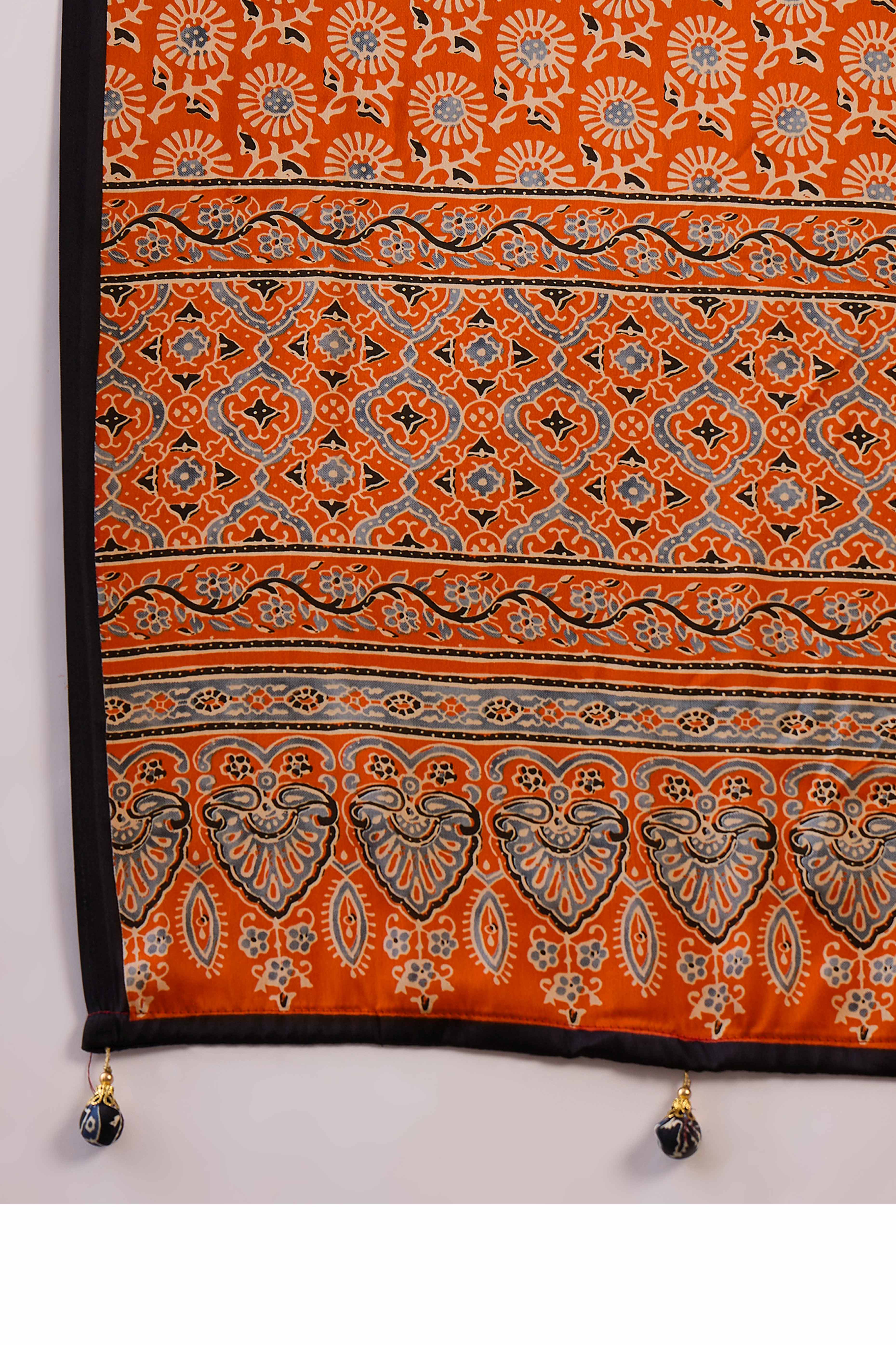 Black & Rust Ajrakh Printed Modal Satin Saree with Elegant Party Wear Appeal